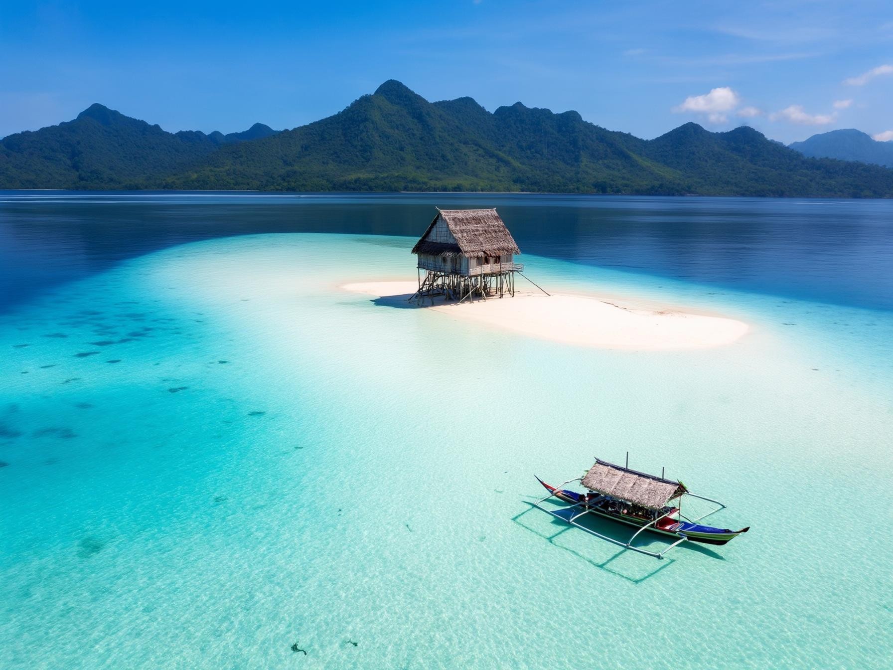 Tropical island with a wooden hut on white sand, turquoise water, banca boat, and lush mountains in the background.