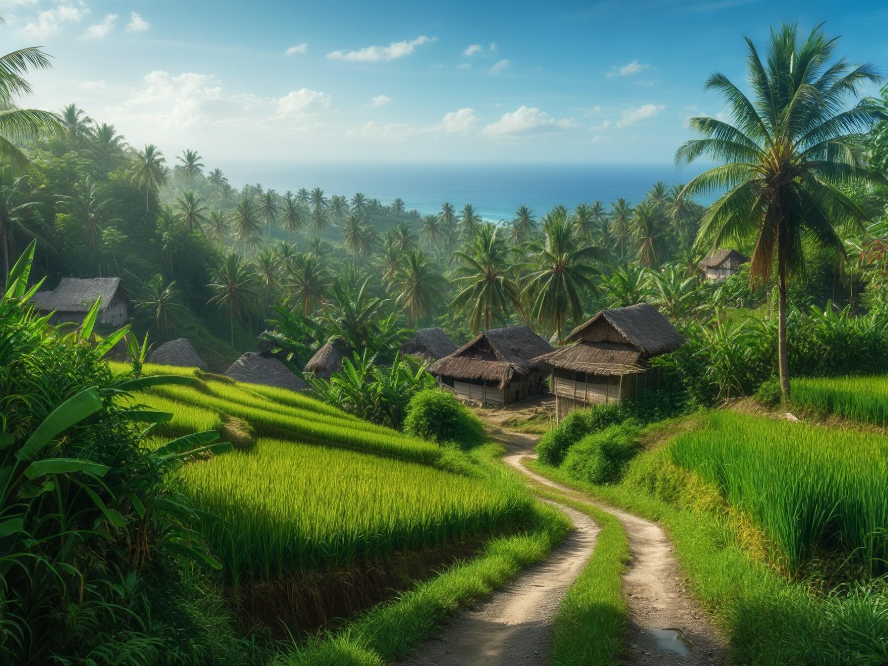 Tropical village surrounded by lush green rice terraces and coconut palms with ocean view under blue skies.