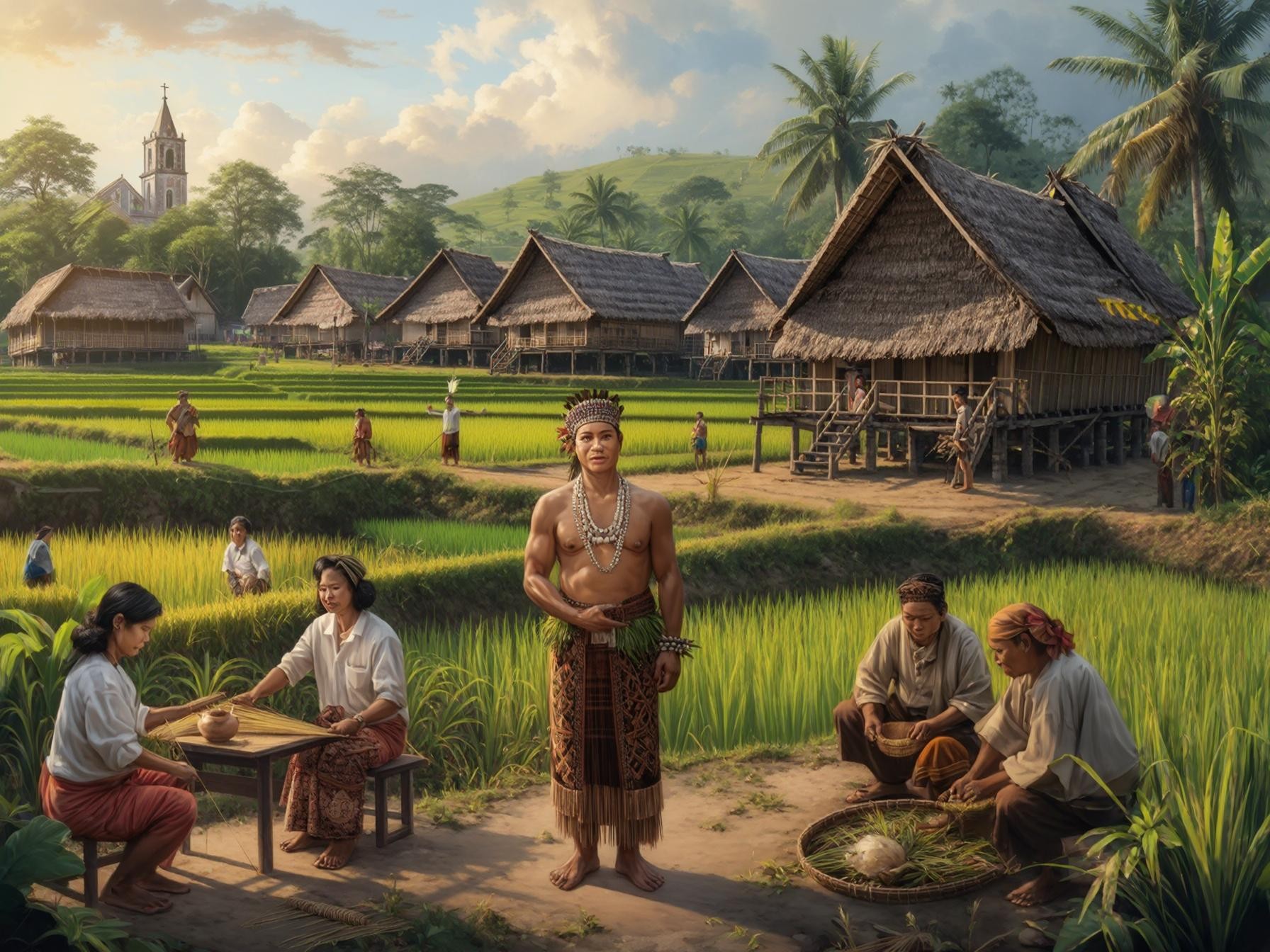 Traditional village life scene with people in rice fields, thatched houses, and a distant church, set in a lush green landscape.