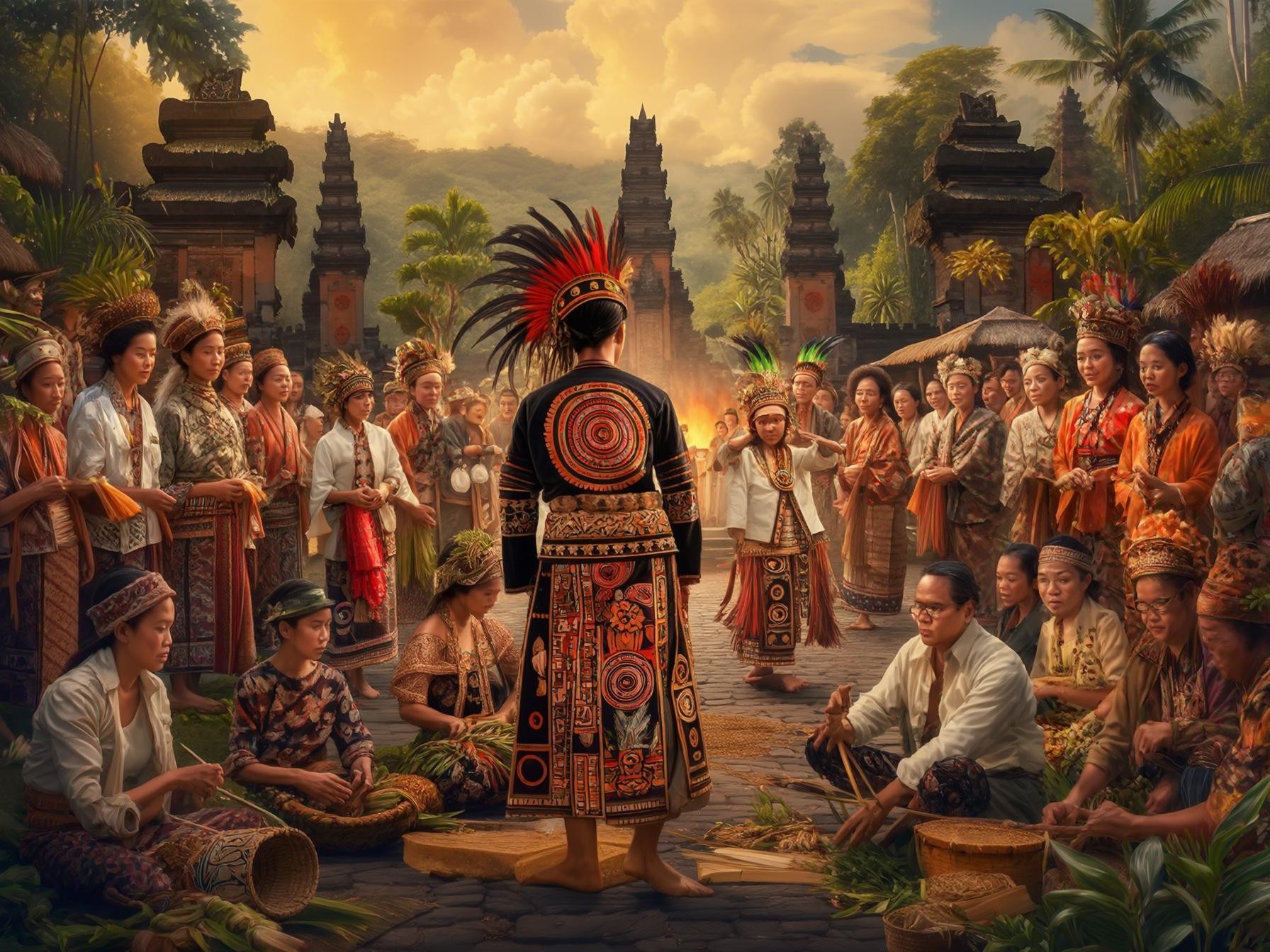 A traditional cultural gathering with people in vibrant ethnic attire, surrounded by tropical greenery and ancient stone structures.