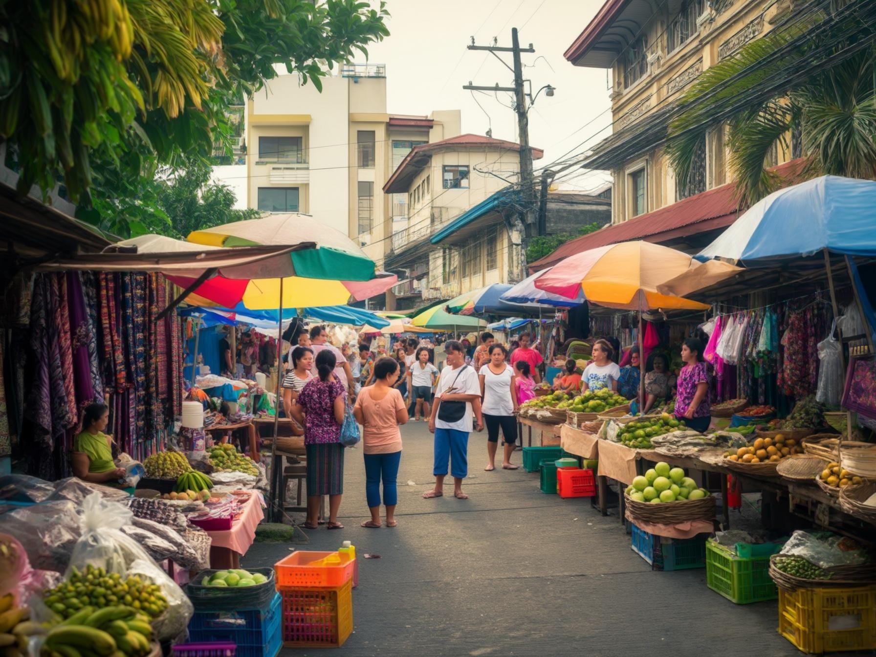 Street market scene with colorful umbrellas, fresh fruits, vegetables, and clothing stalls, bustling with shoppers in an urban setting.