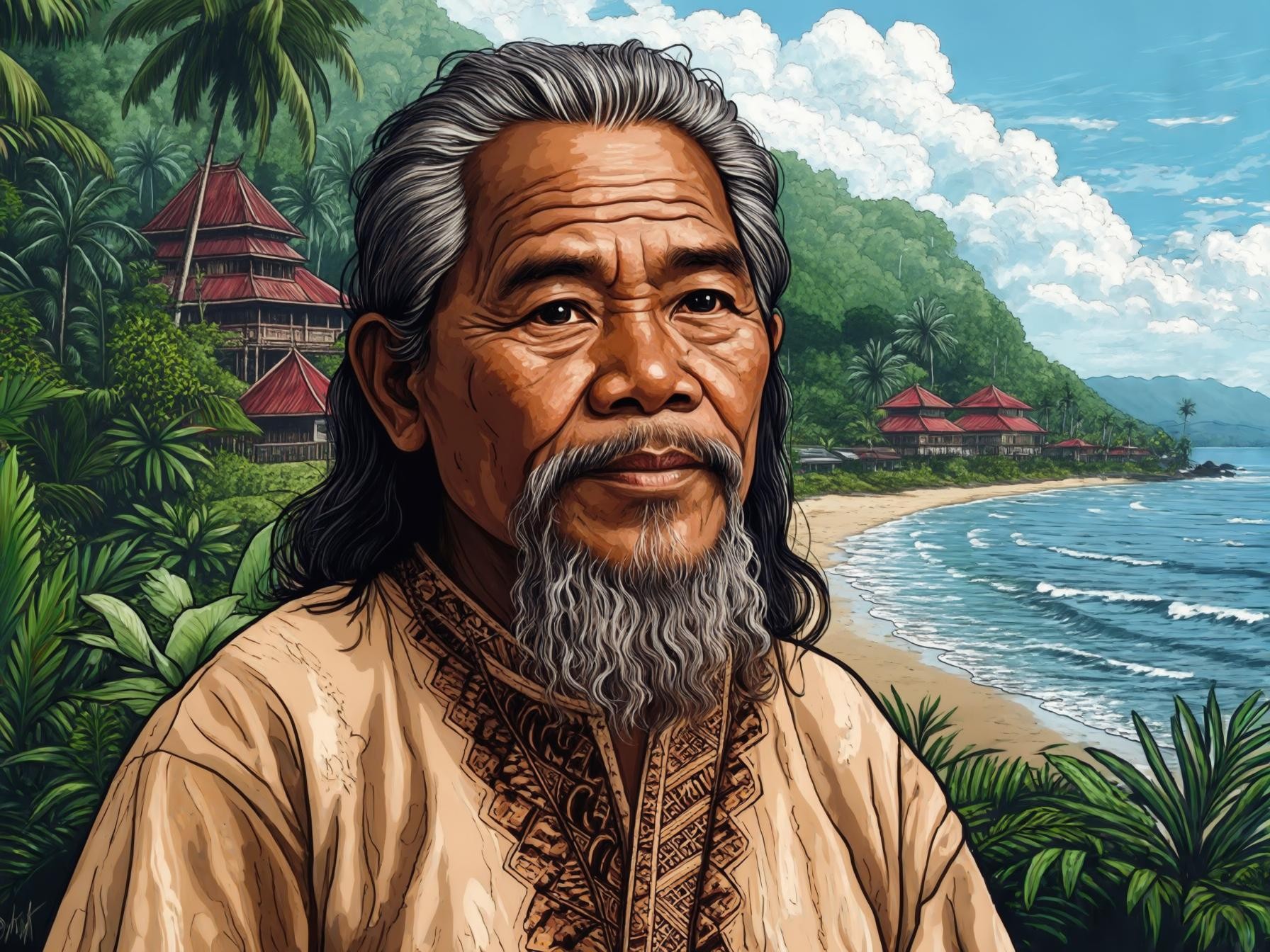 Elderly man with a long beard standing in a tropical setting with traditional houses and a beach in the background.