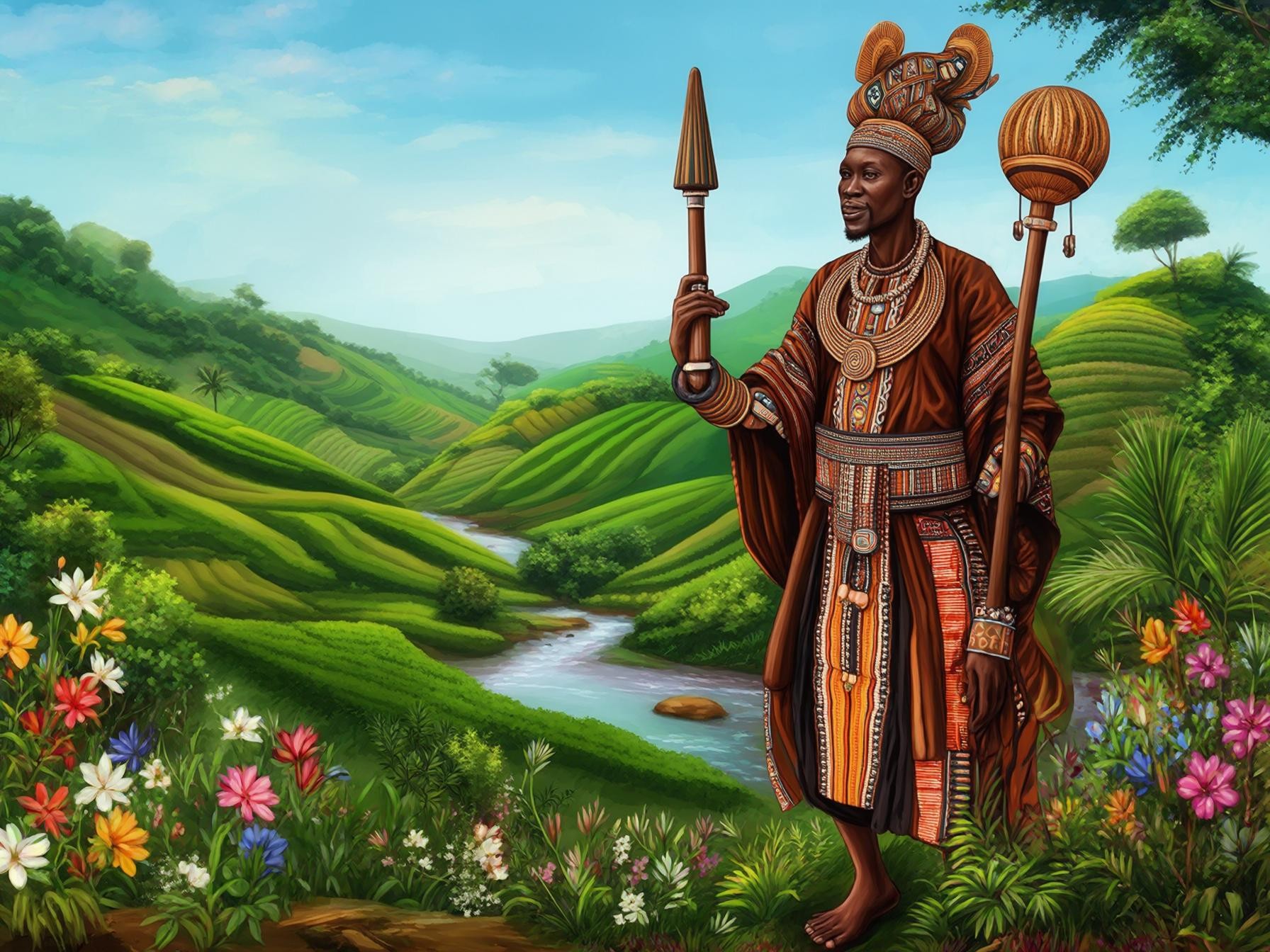 African tribal figure in traditional attire holding ceremonial items, standing amidst vibrant flowers and lush green hills by a flowing river.