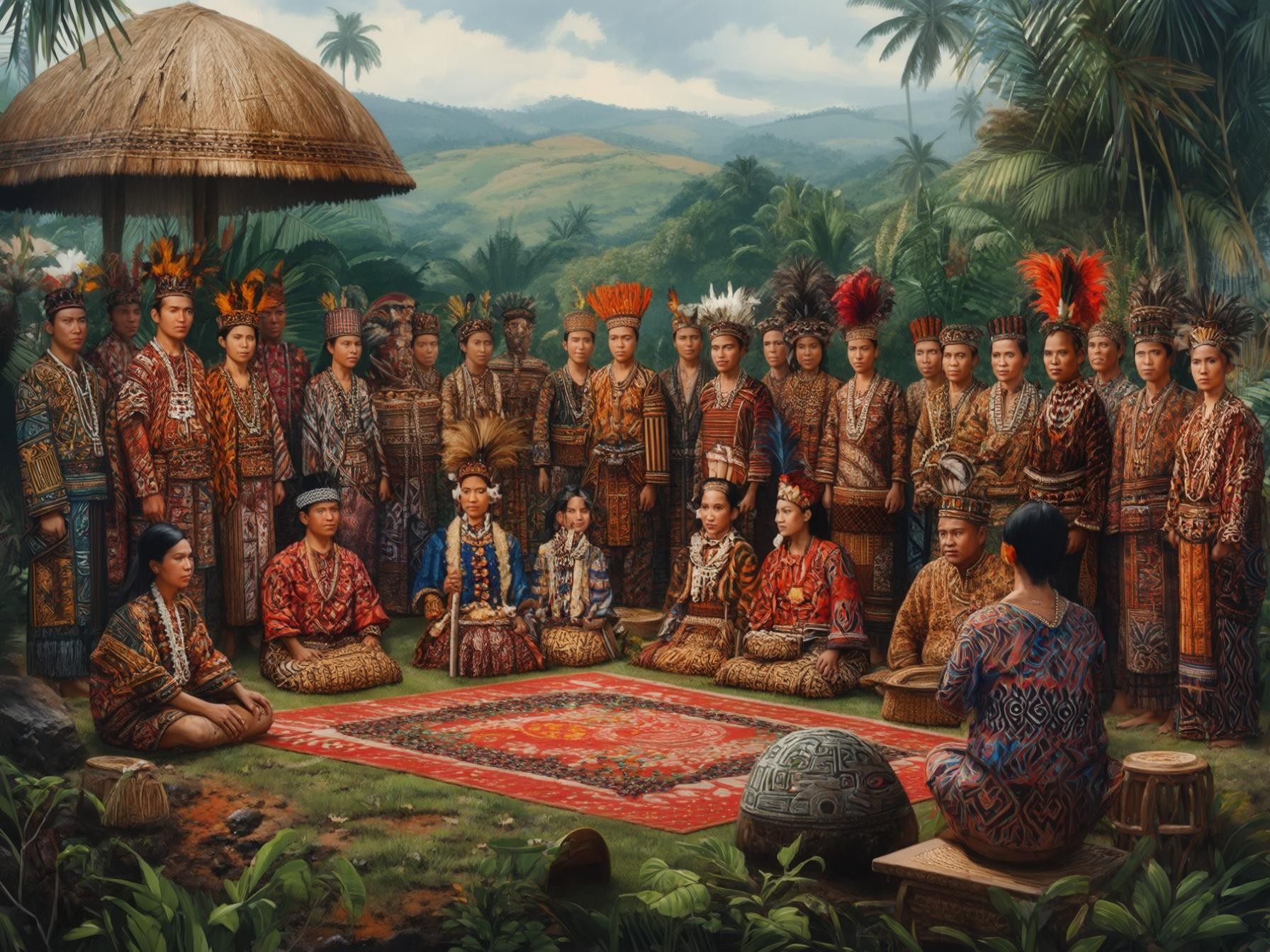 Group of people in traditional colorful attire gathered in a lush tropical setting with mountains in the background.