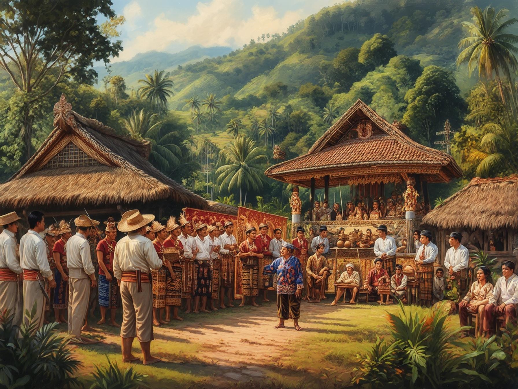 Traditional village gathering with cultural costumes, bamboo huts, and lush green mountain scenery in a tropical setting.