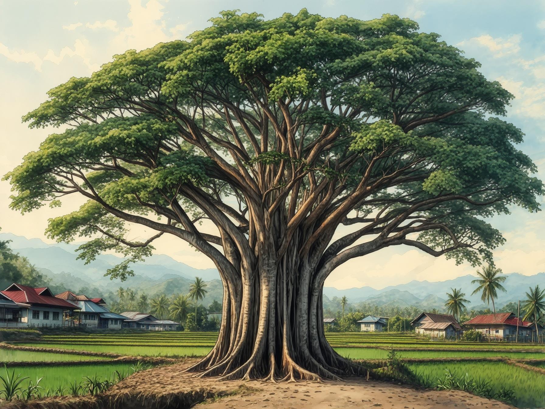 A large tree with sprawling branches in a rural landscape, surrounded by houses and rice fields under a clear sky.