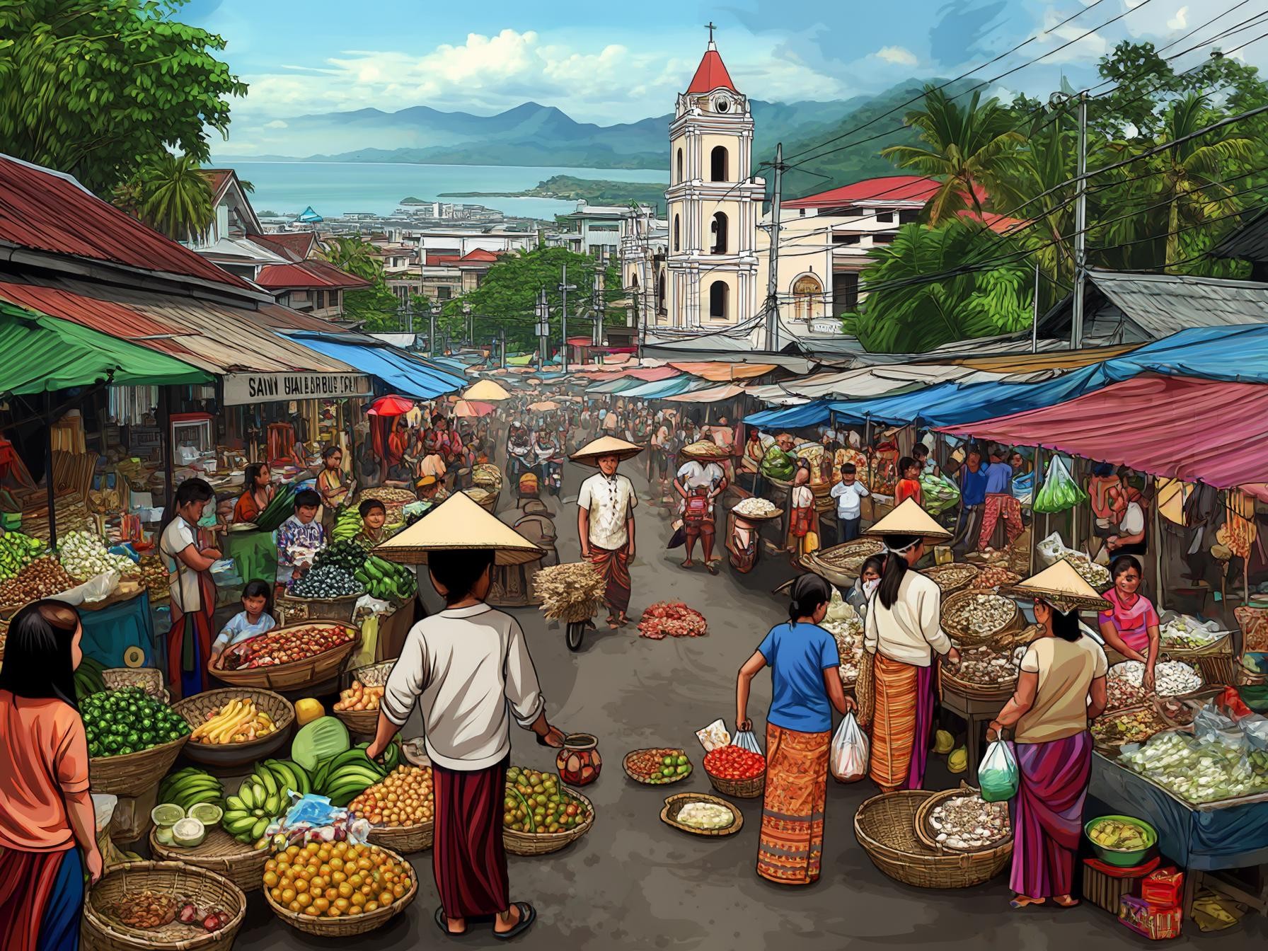 Bustling outdoor market with colorful stalls selling fruits, vegetables, and goods, overlooked by a scenic church and mountains.