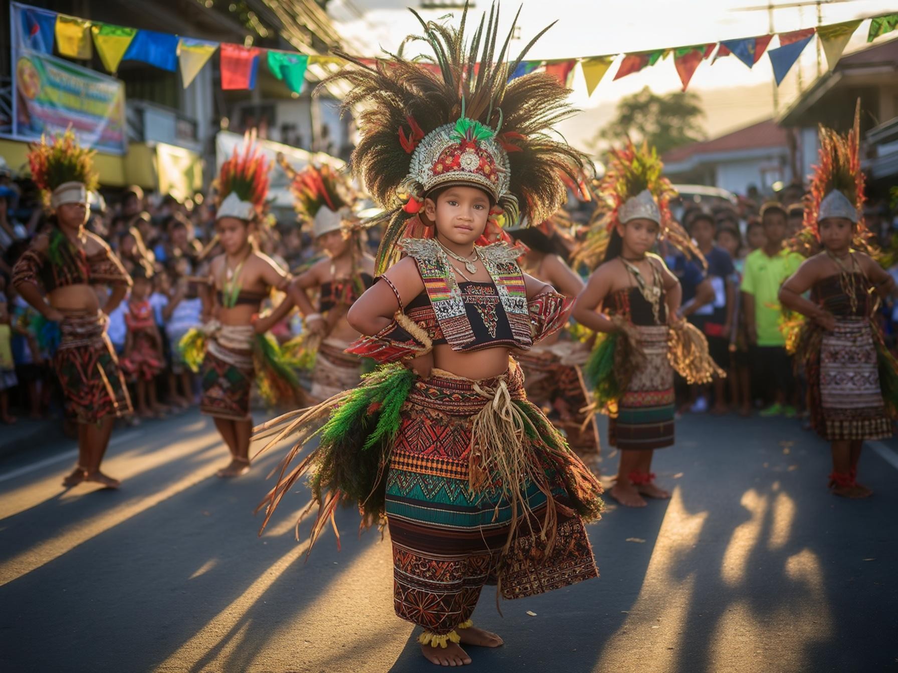 Traditional festival street dance with colorful costumes and intricate patterns, surrounded by vibrant decorations and spectators.