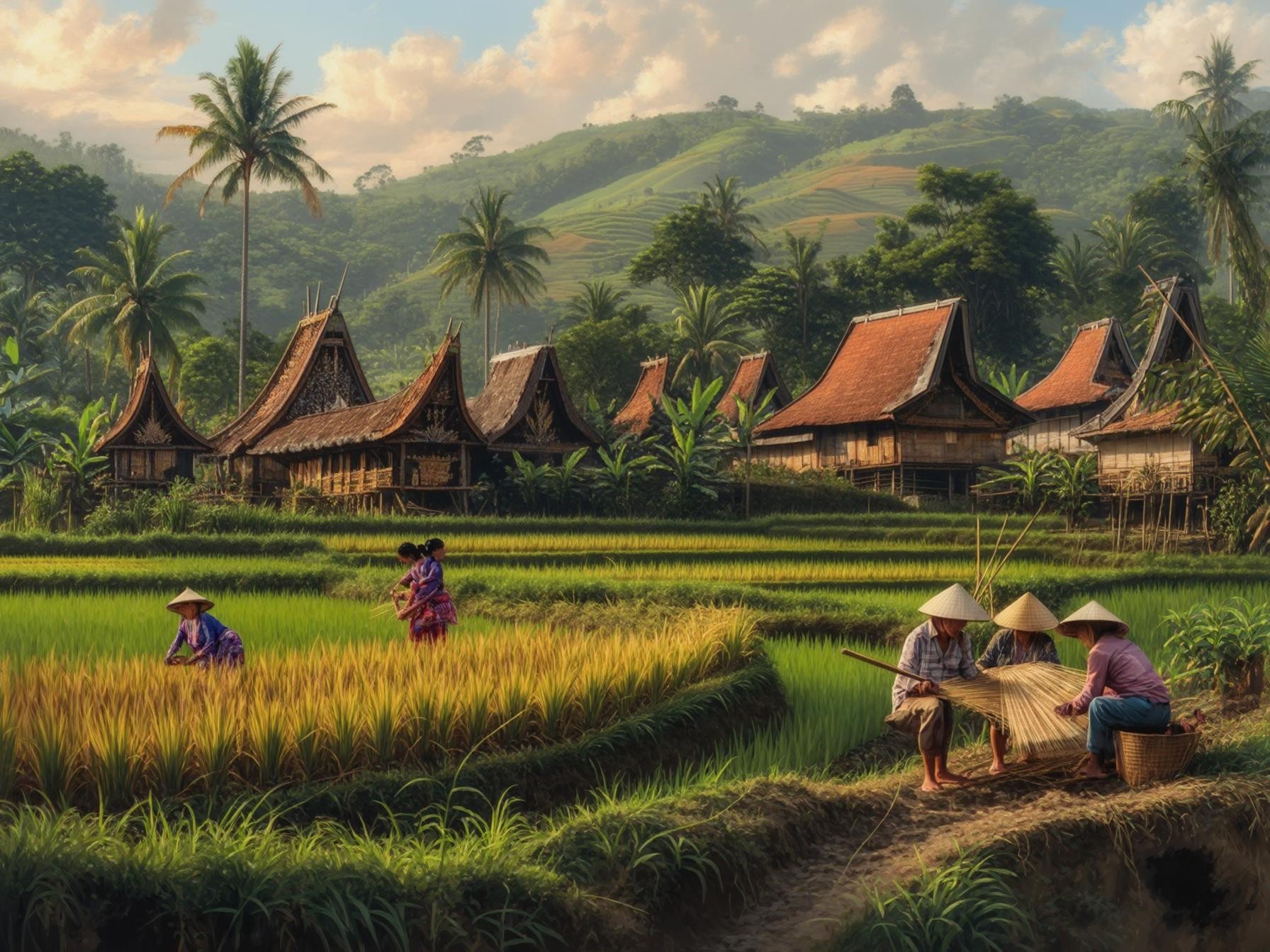 Traditional village surrounded by lush rice fields, farmers working and weaving, with tropical mountains and palm trees in the background.