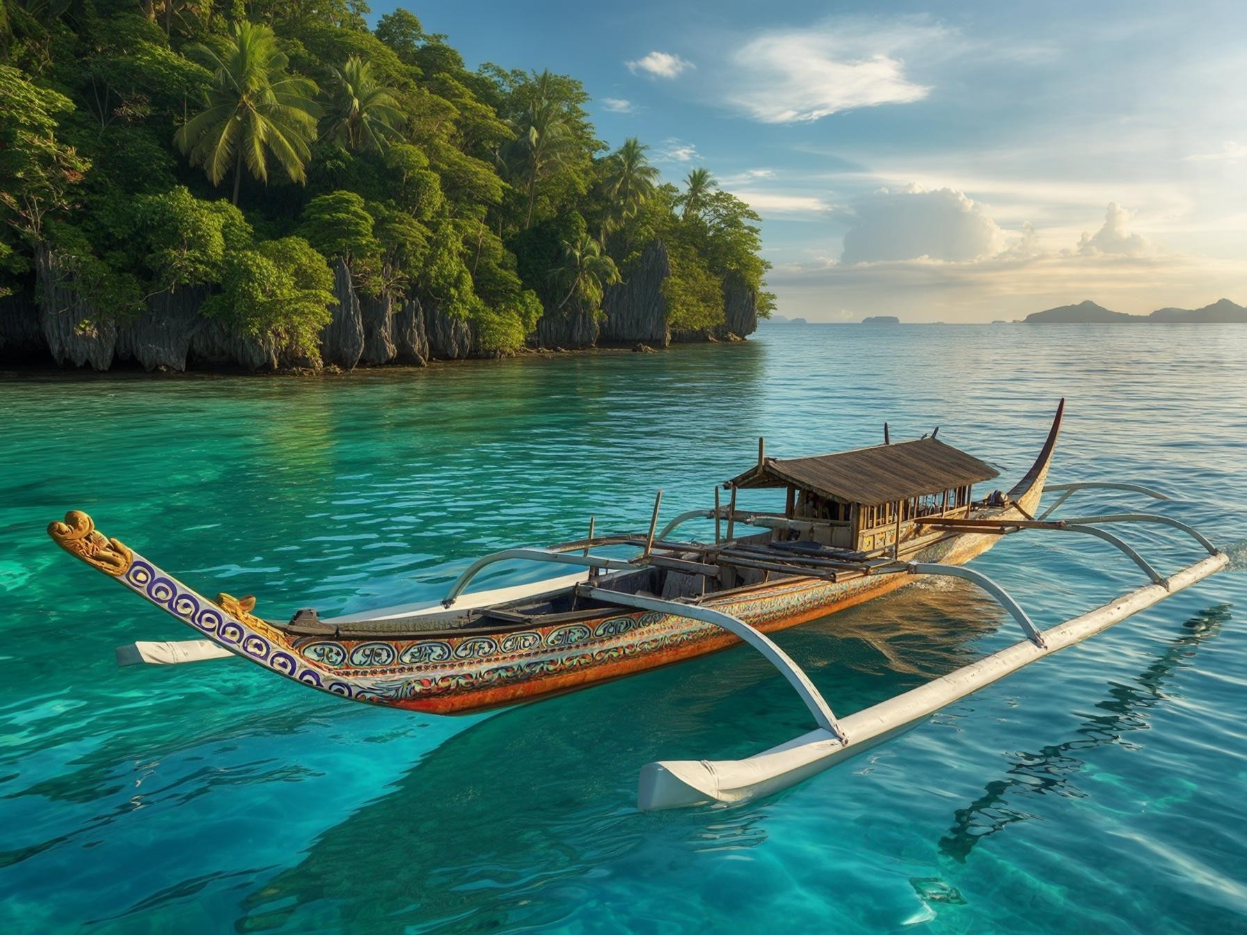 Traditional wooden boat floating on turquoise water near lush tropical island, under a sunny sky, surrounded by stunning seascape scenery.