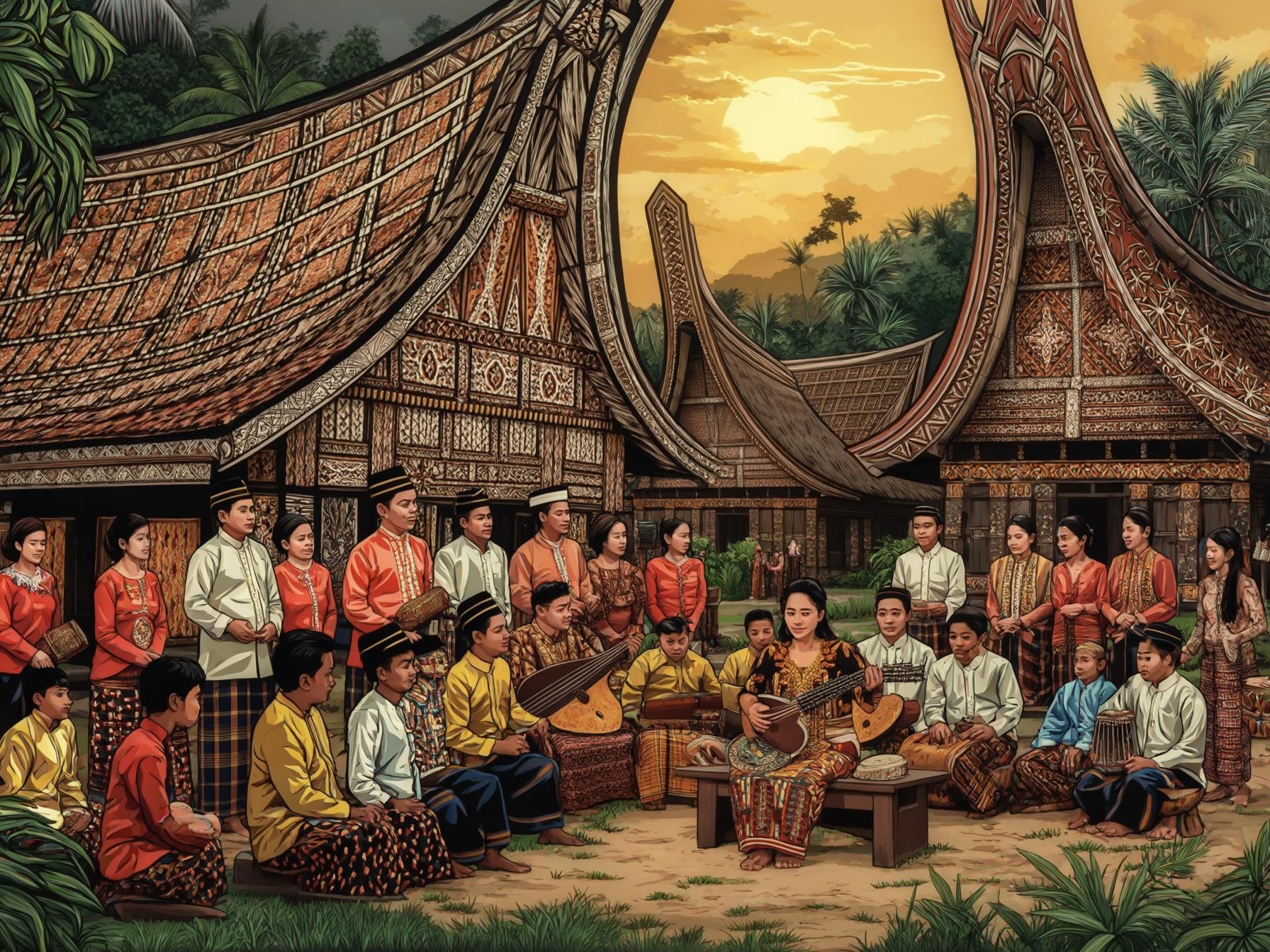 Traditional cultural performance with musicians and dancers in vibrant attire, set against intricate Toraja-style houses and a sunset backdrop.