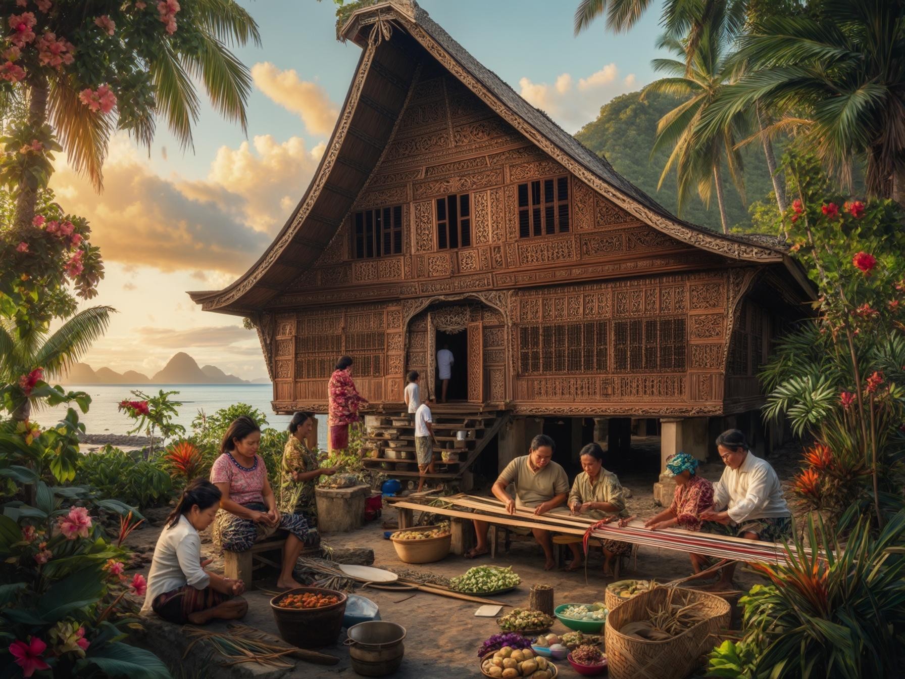 Traditional wooden house with intricate carvings surrounded by tropical plants, people engaging in crafts and preparing food outdoors.