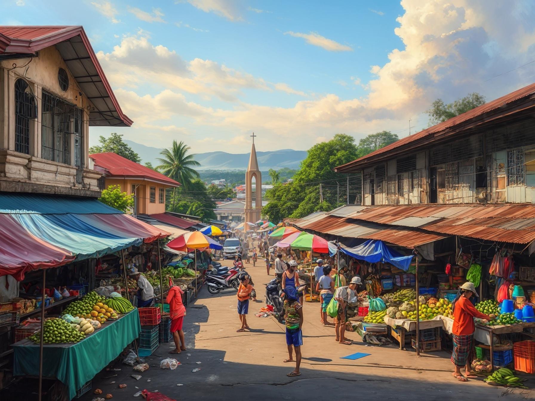 A bustling outdoor market with people shopping for fruits and vegetables under colorful umbrellas.