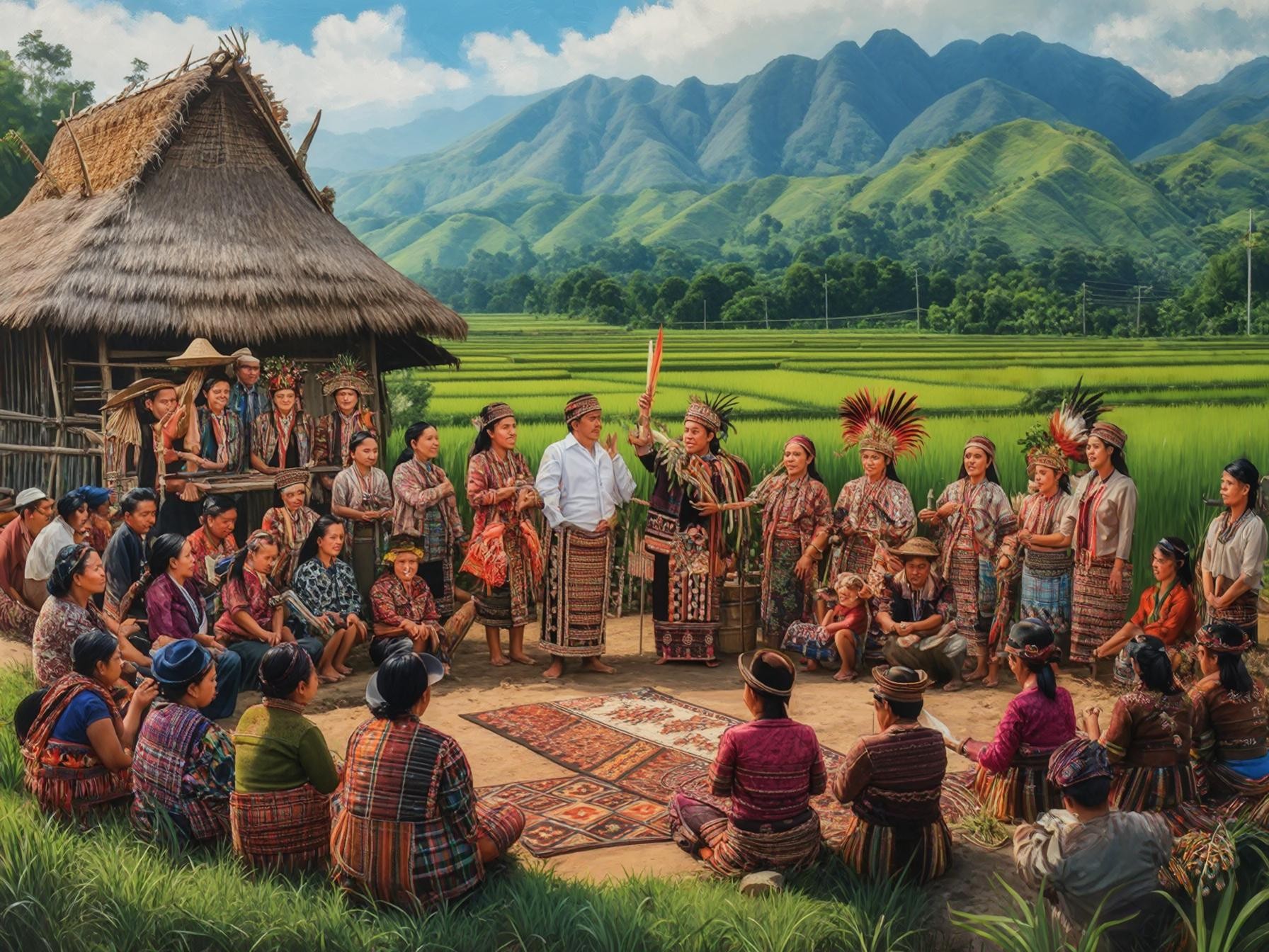 Traditional tribal gathering with people in colorful attire outside a thatched roof hut, set against lush green mountains.