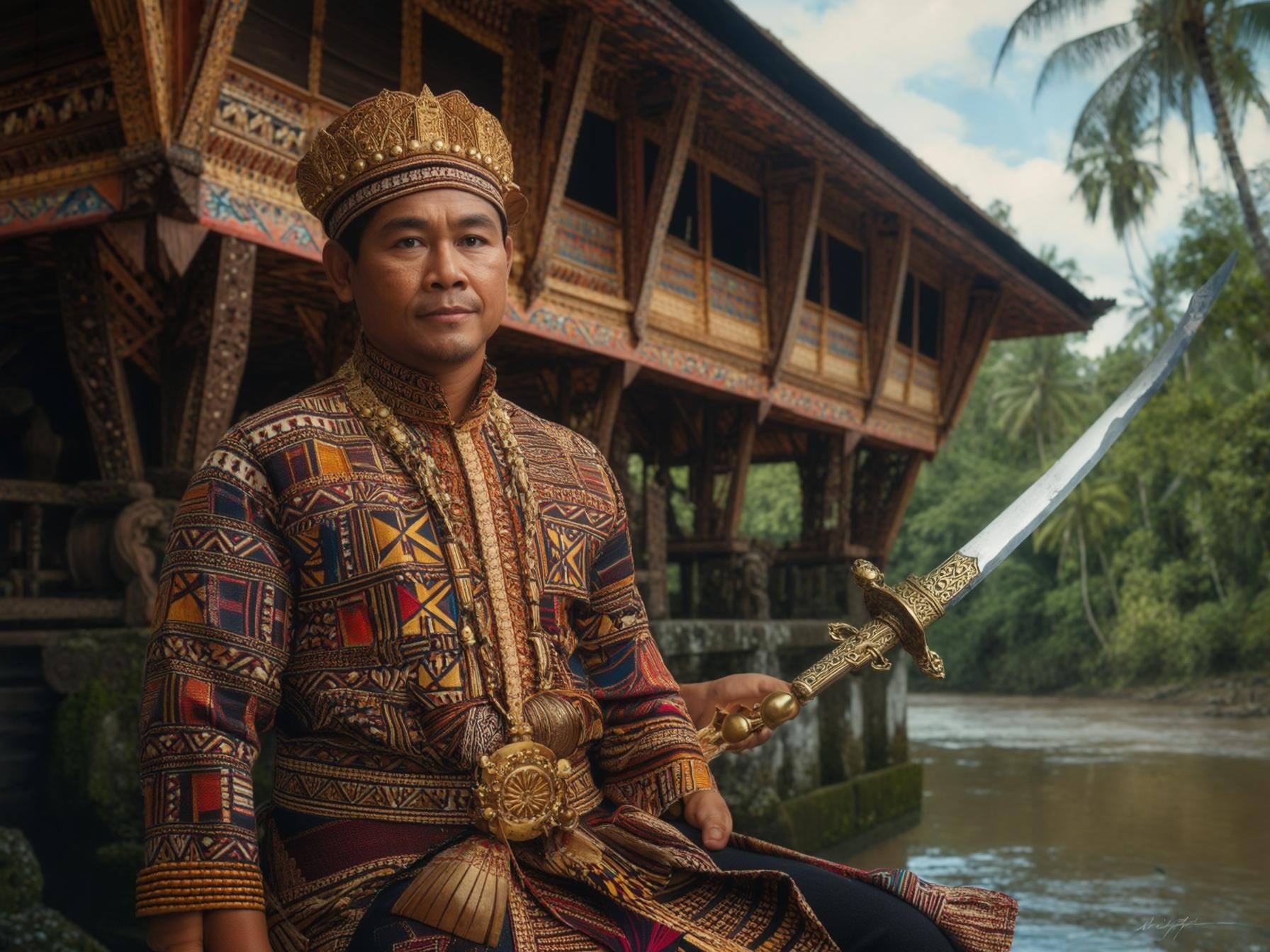 A man in traditional attire holds a sword, standing by an ornate building with nature in the background.