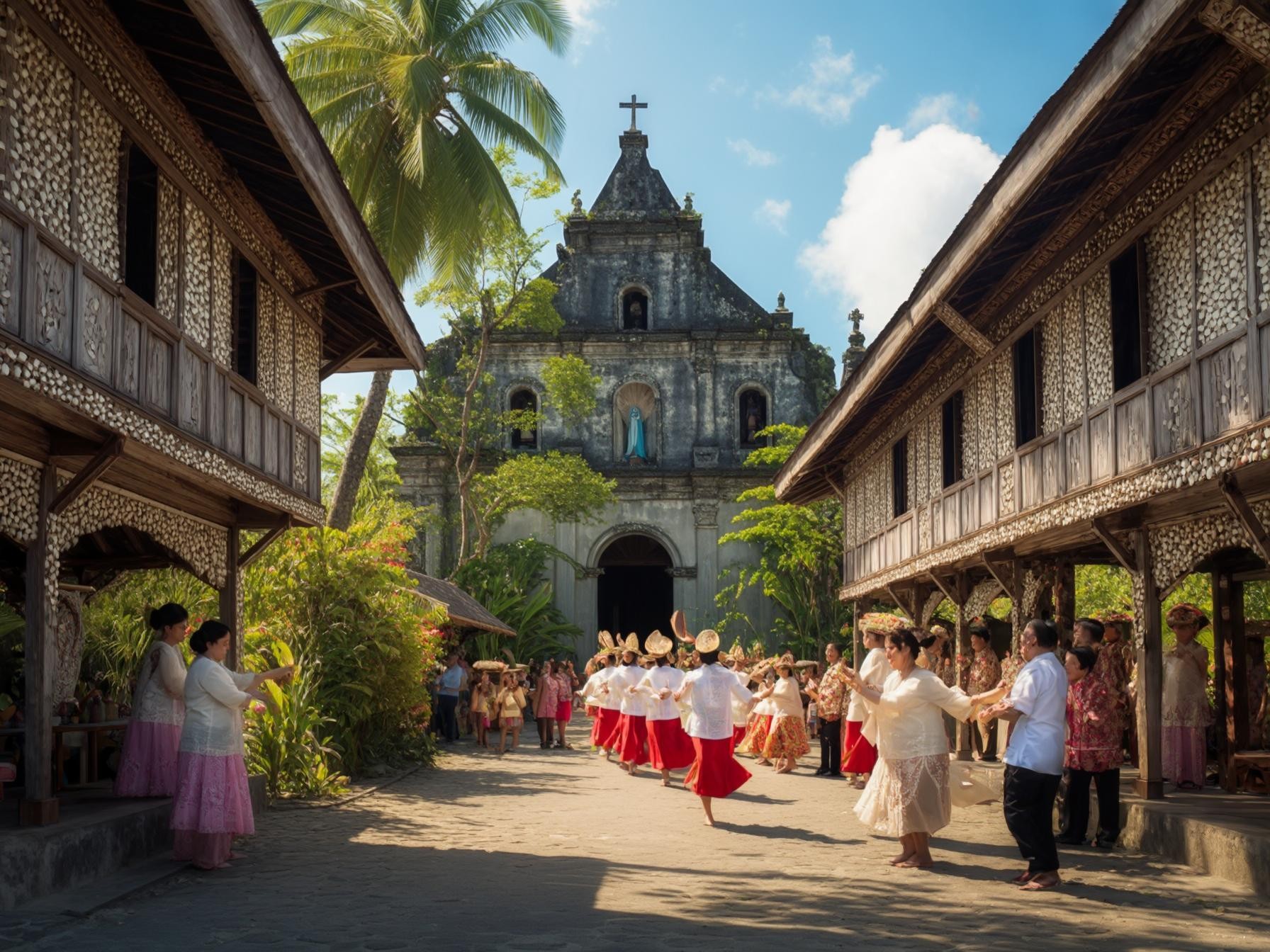 Traditional Filipino dance performance near historical church surrounded by wooden houses and palm trees on a sunny day.