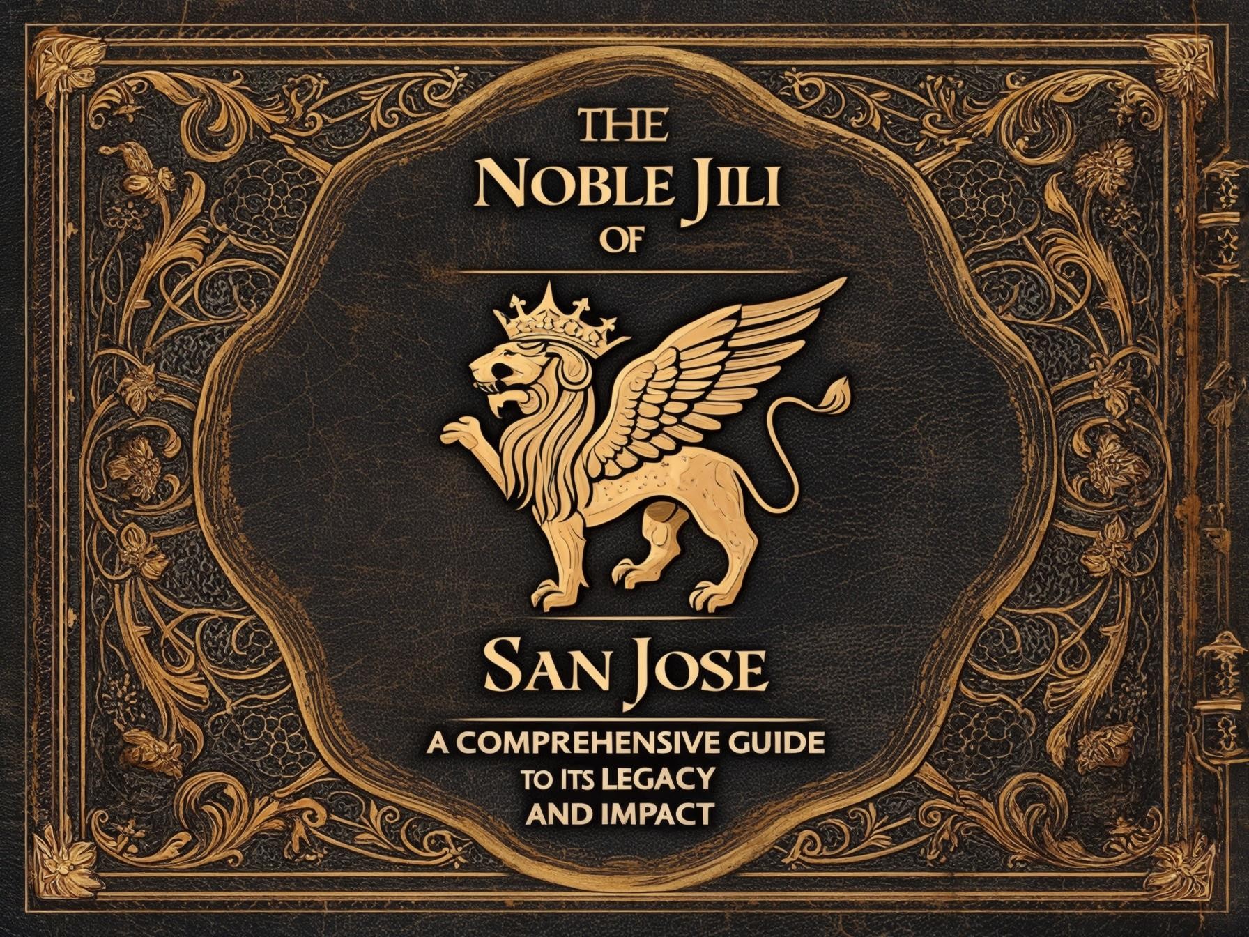 "The Noble Jili of San Jose, ornate book cover with heraldic lion griffin design, guide to legacy and impact"