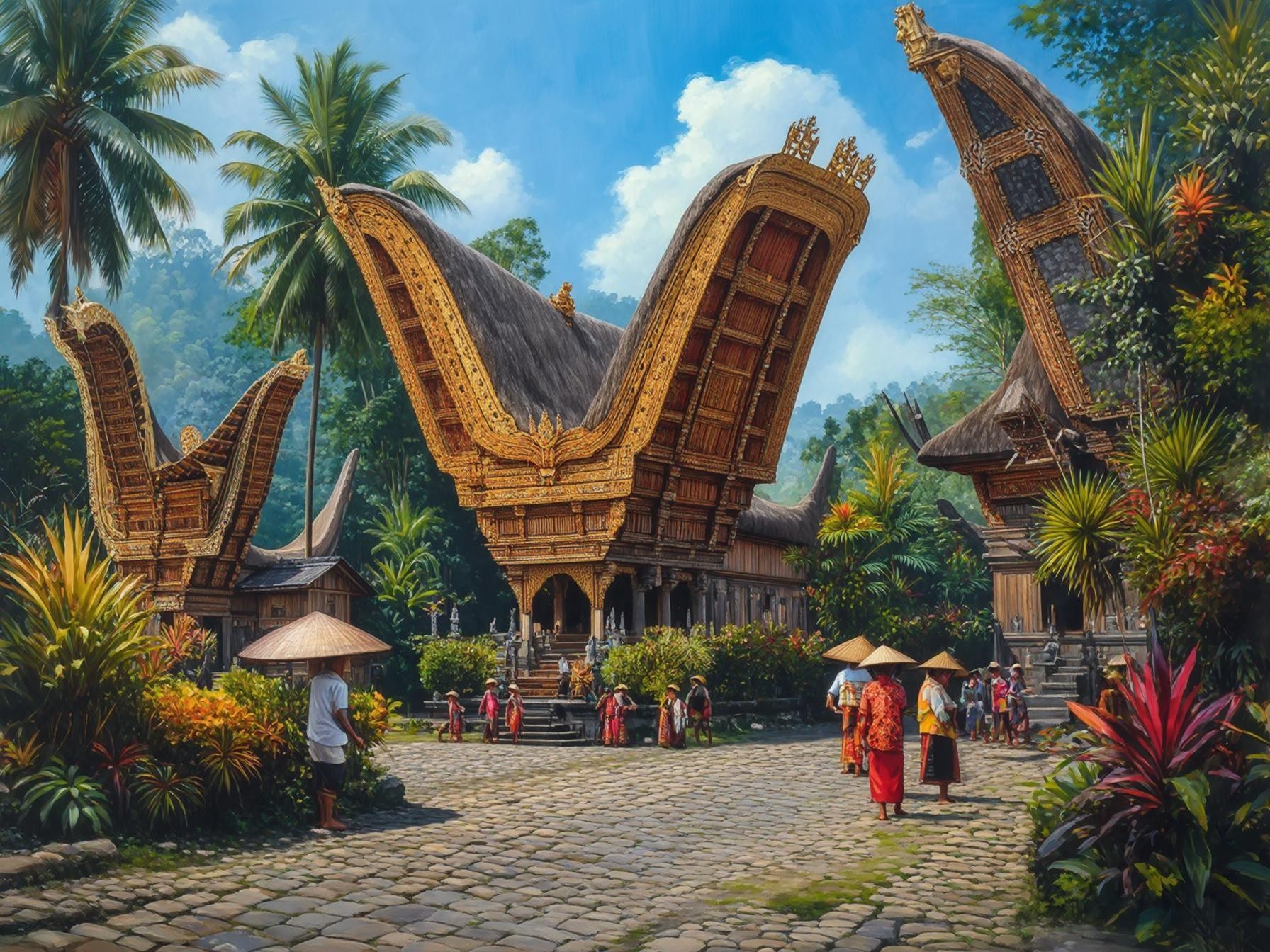 Traditional Toraja houses with carved roofs in lush green surroundings, people in cultural attire, Sulawesi, Indonesia.