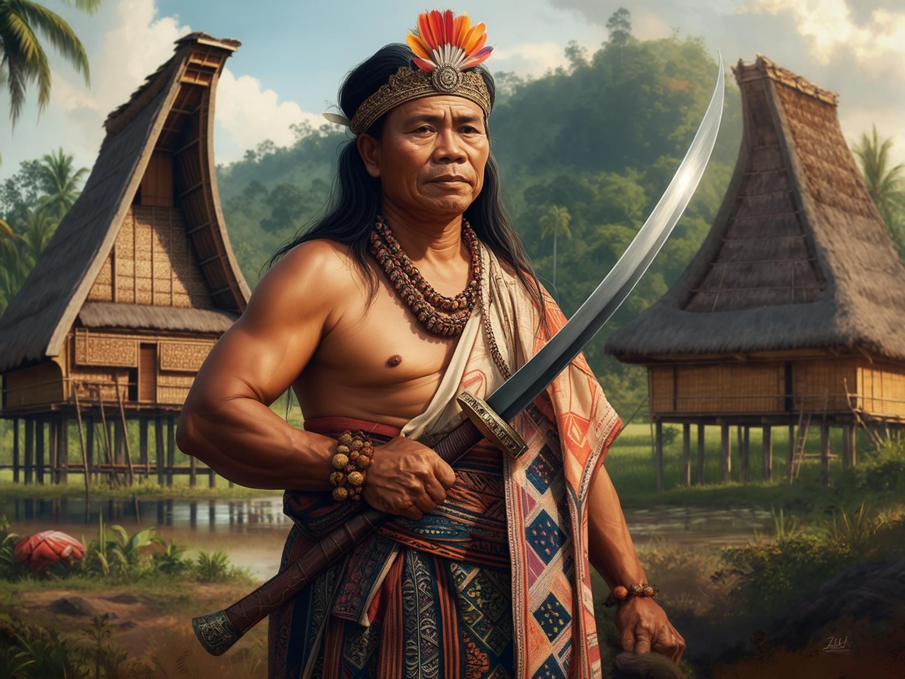 Traditional warrior with ornate clothing and sword standing in front of Southeast Asian stilt houses surrounded by lush greenery.