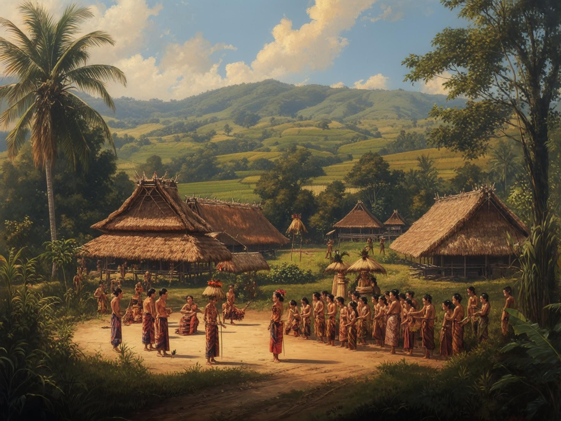 Traditional village dance ceremony in rural setting with thatched huts, lush greenery, and scenic hills in the background.