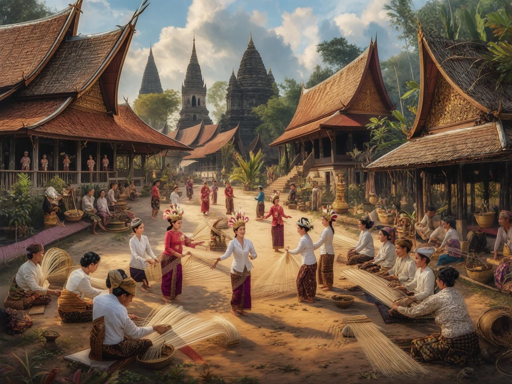 Traditional village scene with people weaving baskets, surrounded by ornate wooden houses and temples under a clear sky.