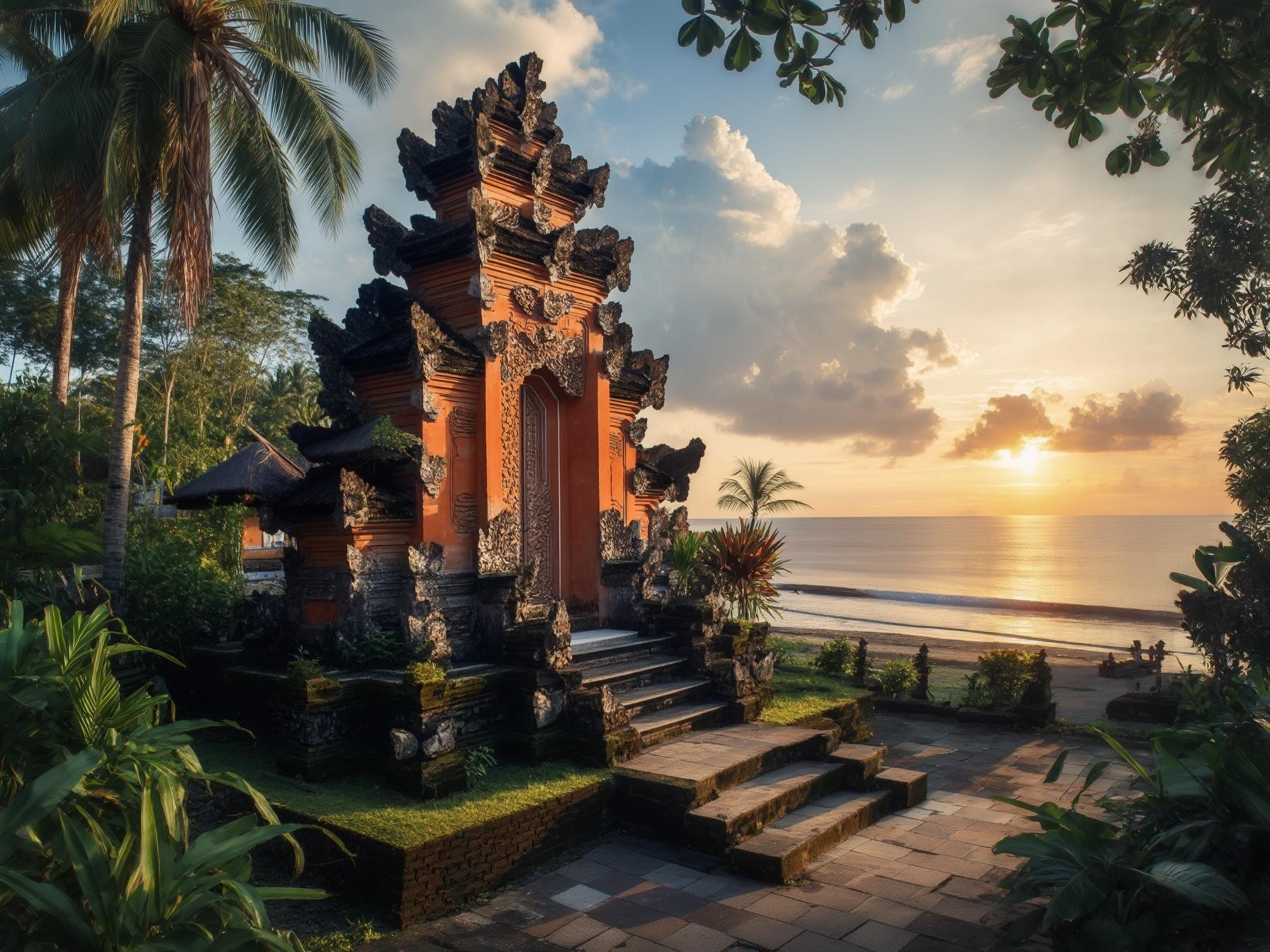 Traditional Balinese temple by the sea during sunset, surrounded by tropical vegetation and peaceful ocean view.