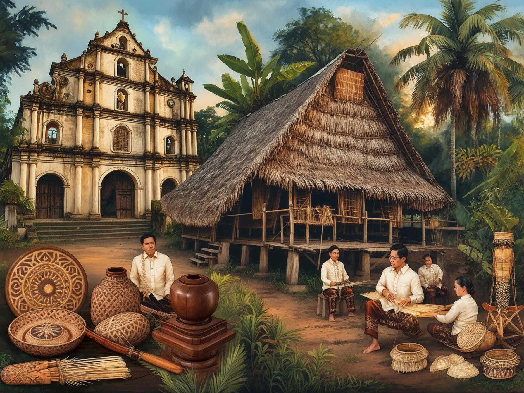 A traditional village scene with people crafting baskets near a thatched hut and colonial-style church, surrounded by lush greenery.