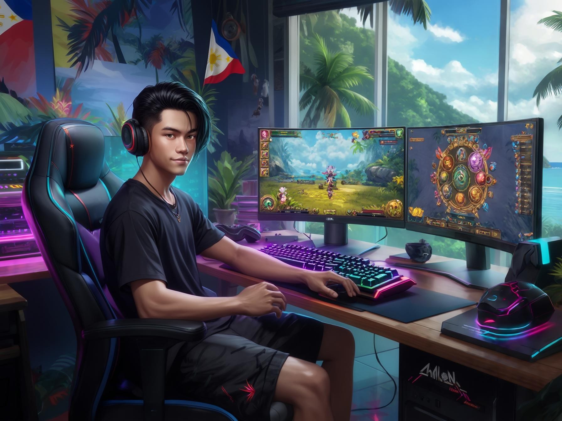 Gamer setup with dual monitors, RGB accessories, tropical room decor, and scenic ocean view through large windows.