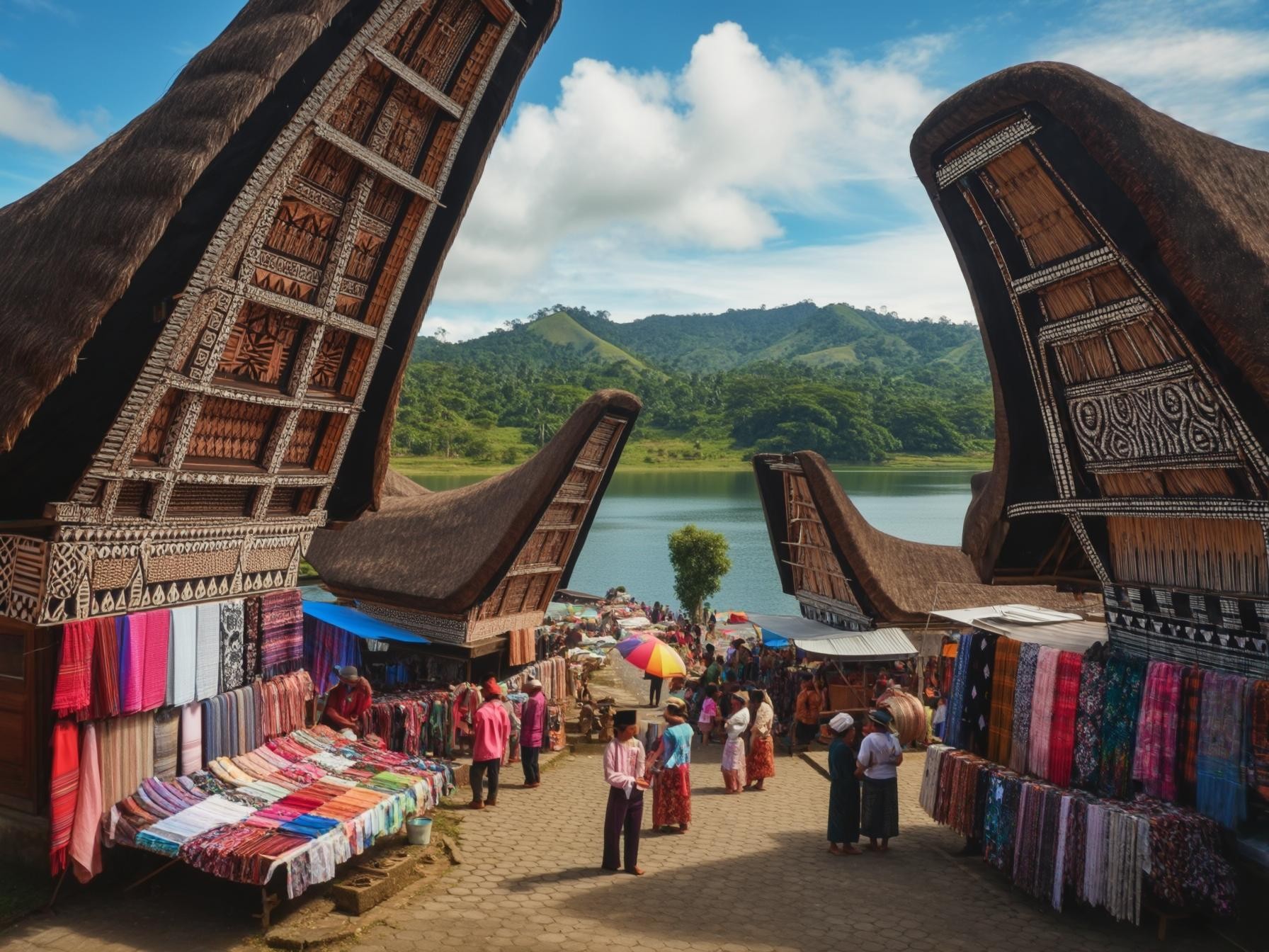 Traditional market with colorful textiles and unique thatched-roof buildings by a lake, surrounded by lush green hills.