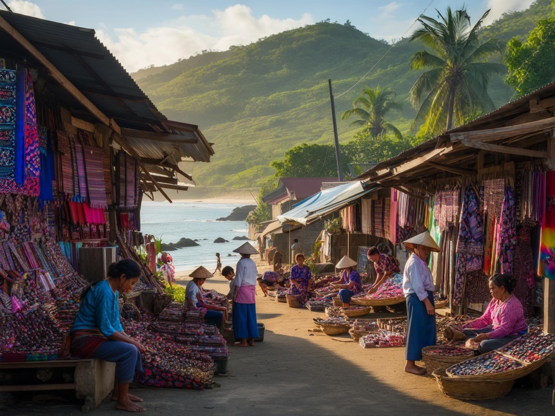 Coastal market scene with colorful fabrics displayed, people in traditional attire, tropical backdrop, and a calm beach setting.