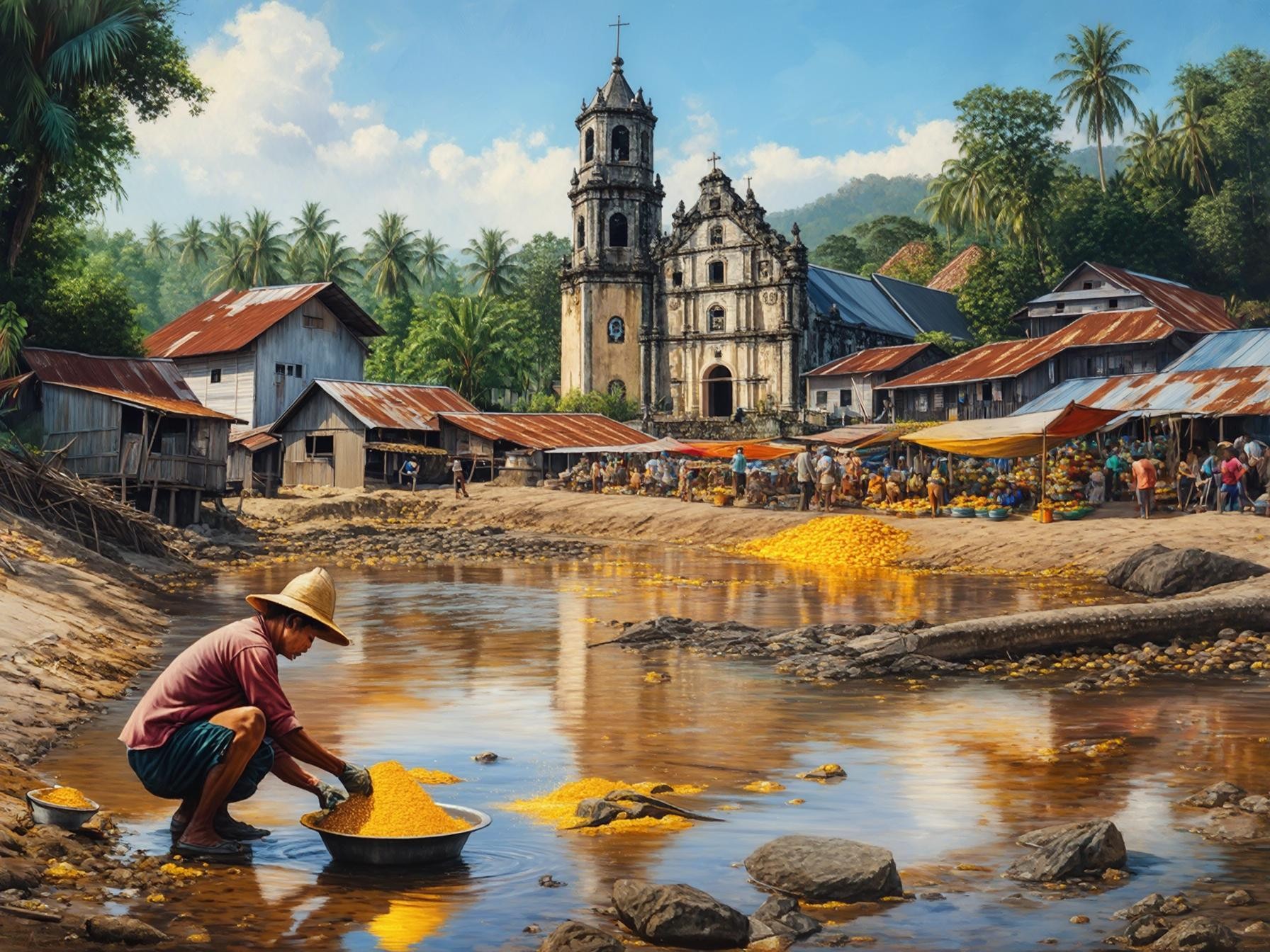 Villager washing grains in a river near a vibrant market and historic church with trees and hills in the background.