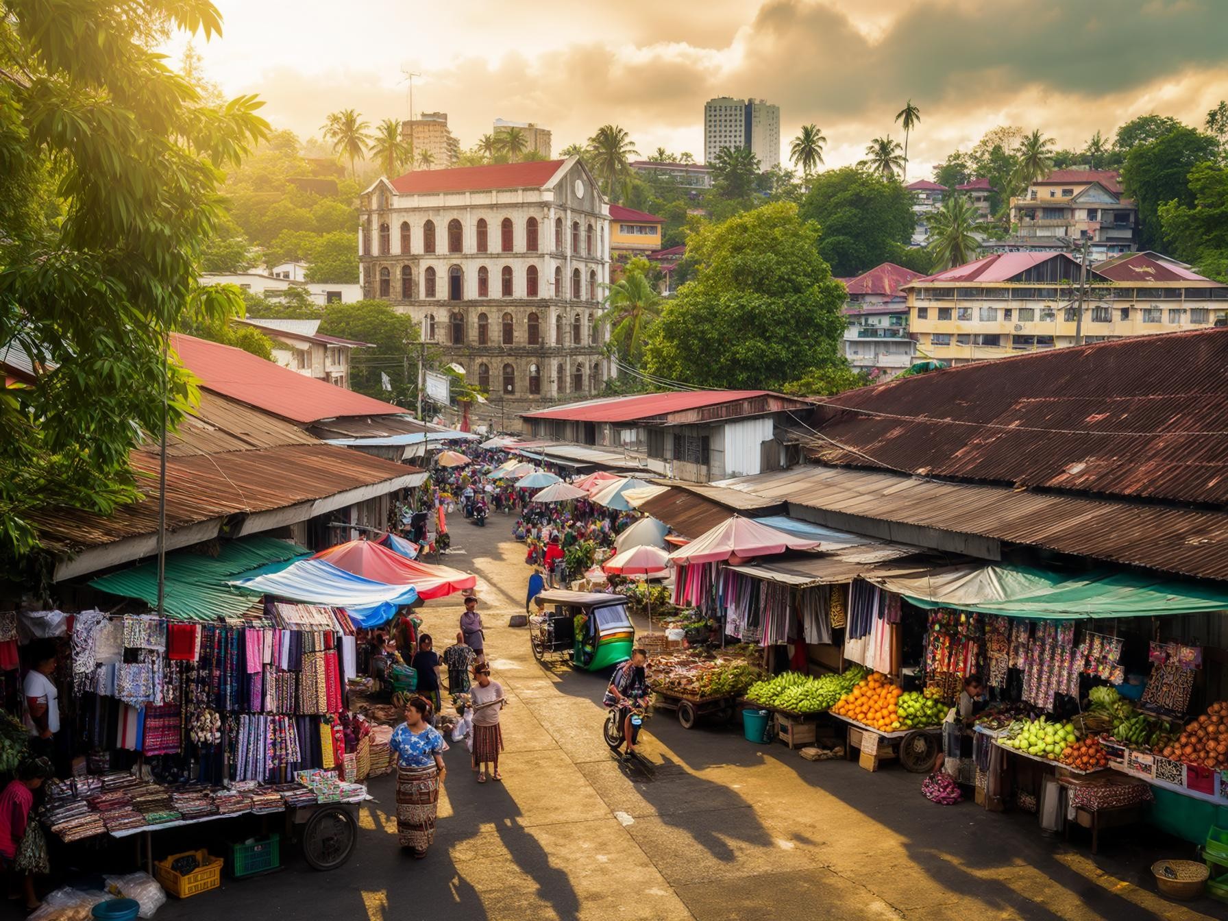 Bustling outdoor market scene with vendors and shoppers, colorful textiles and fresh produce, colonial architecture in the background.