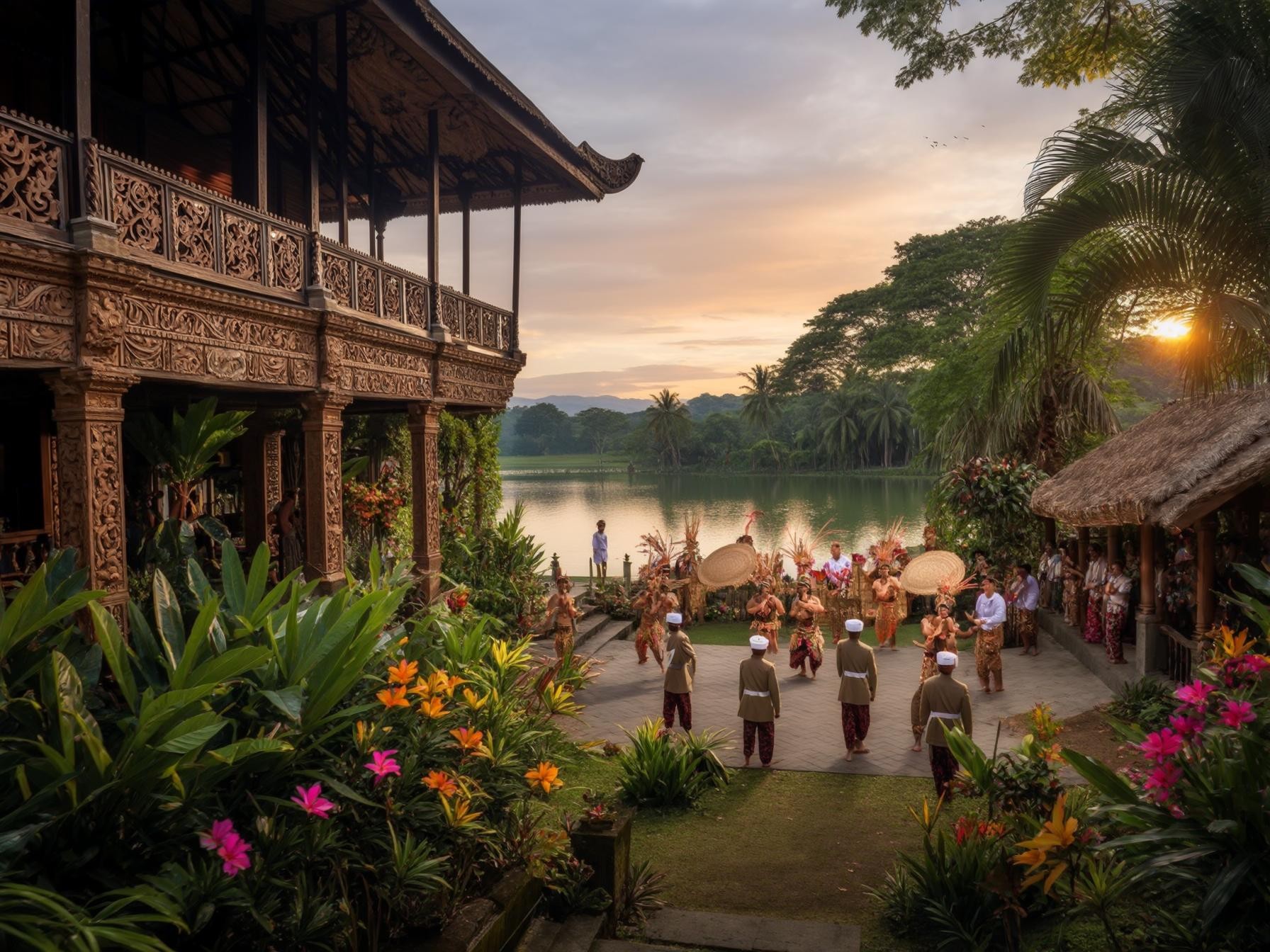 A traditional dance performance near a lake with lush greenery and an ornate wooden building at sunset.