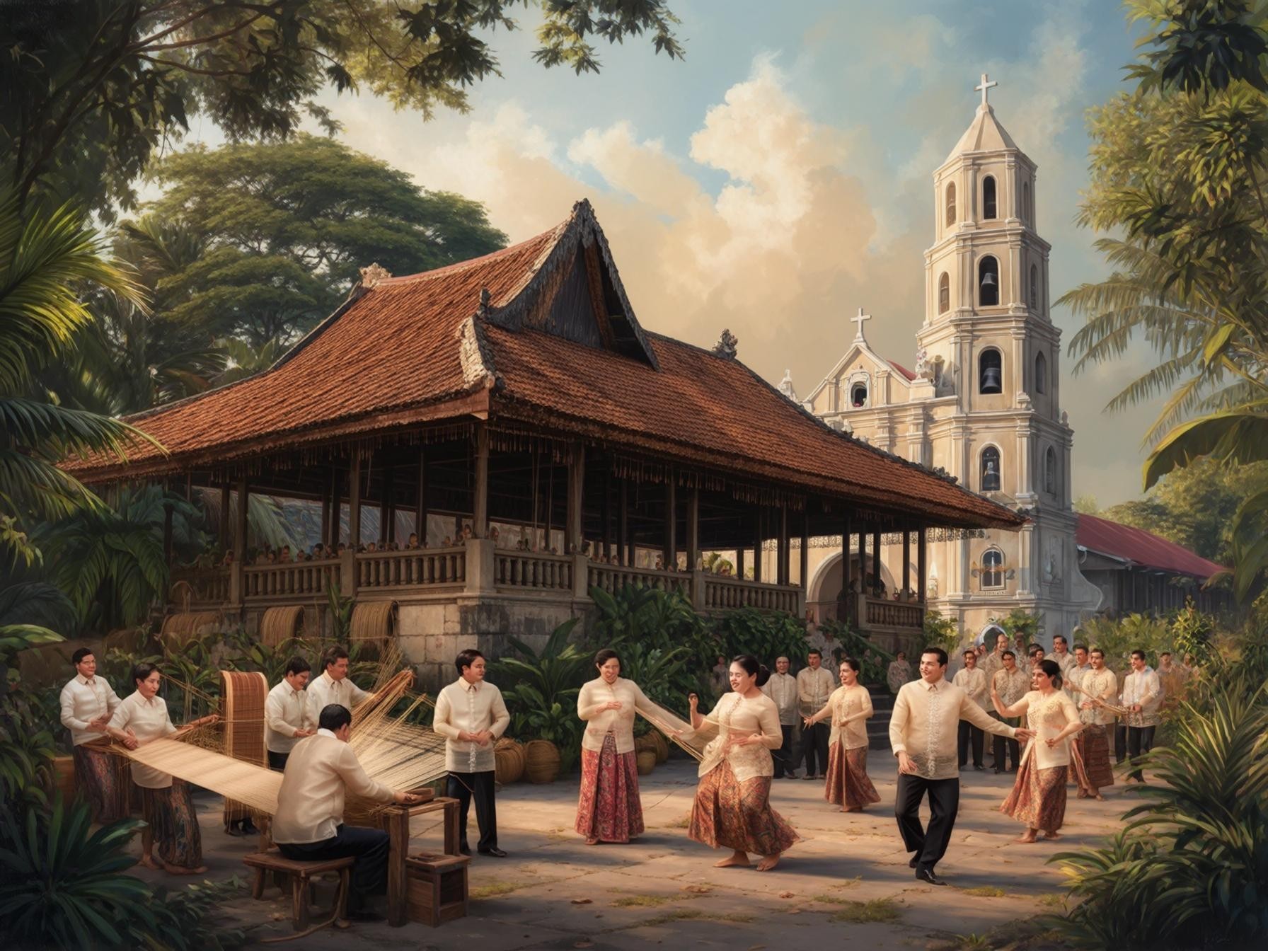 Traditional Filipino dance and weaving near a historic building with lush greenery and a church in the background.