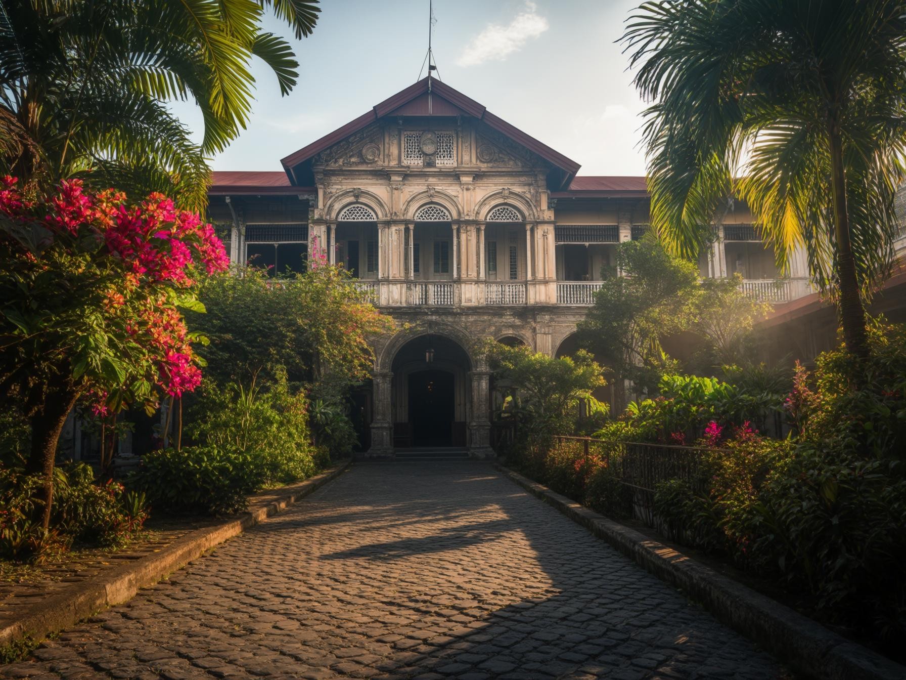 Colonial-era mansion surrounded by lush tropical gardens, vibrant flowers, and cobblestone pathway under warm sunlight.