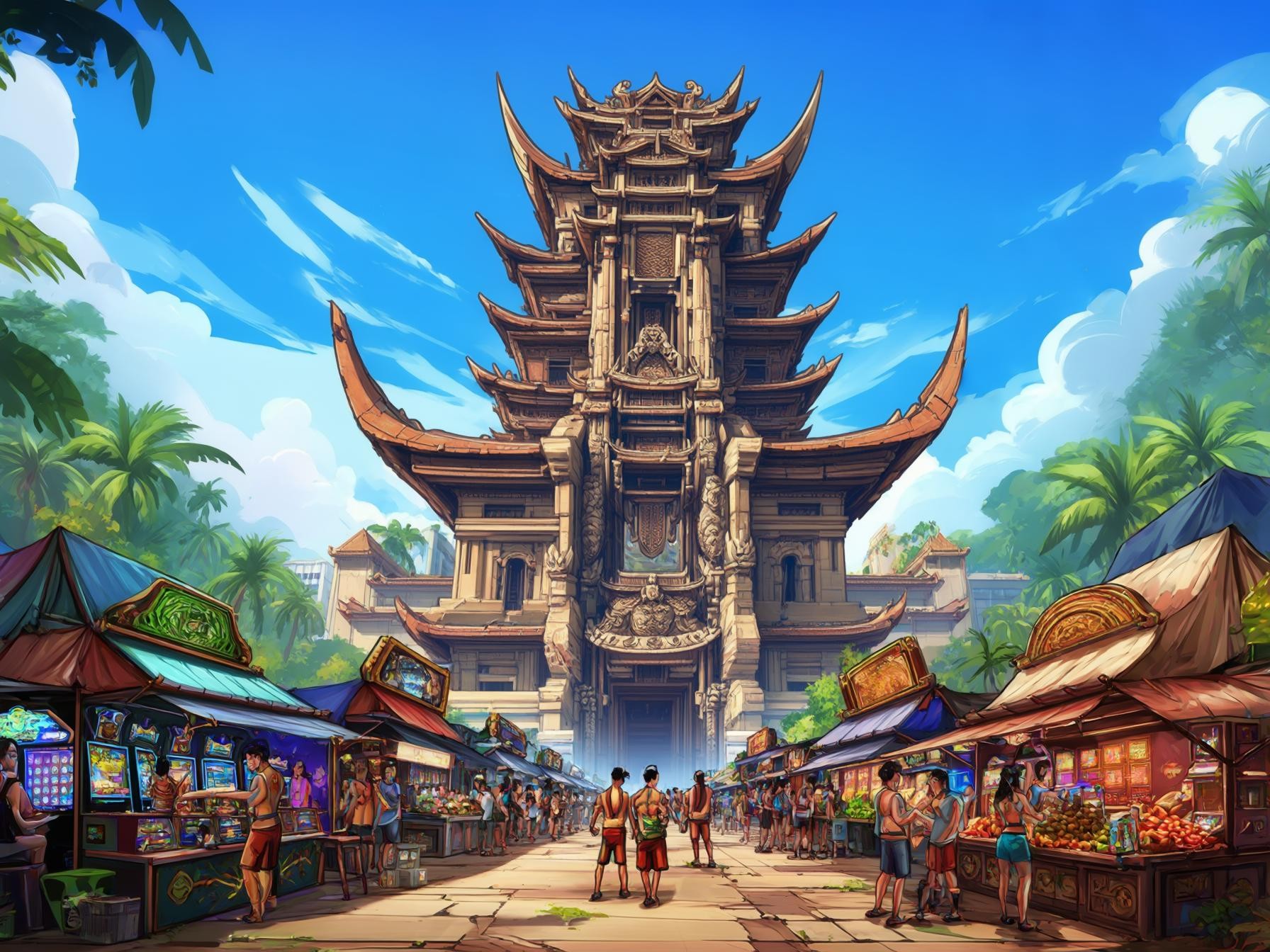 Street market with colorful stalls and tropical temple backdrop under a bright blue sky, vibrant cultural travel destination.