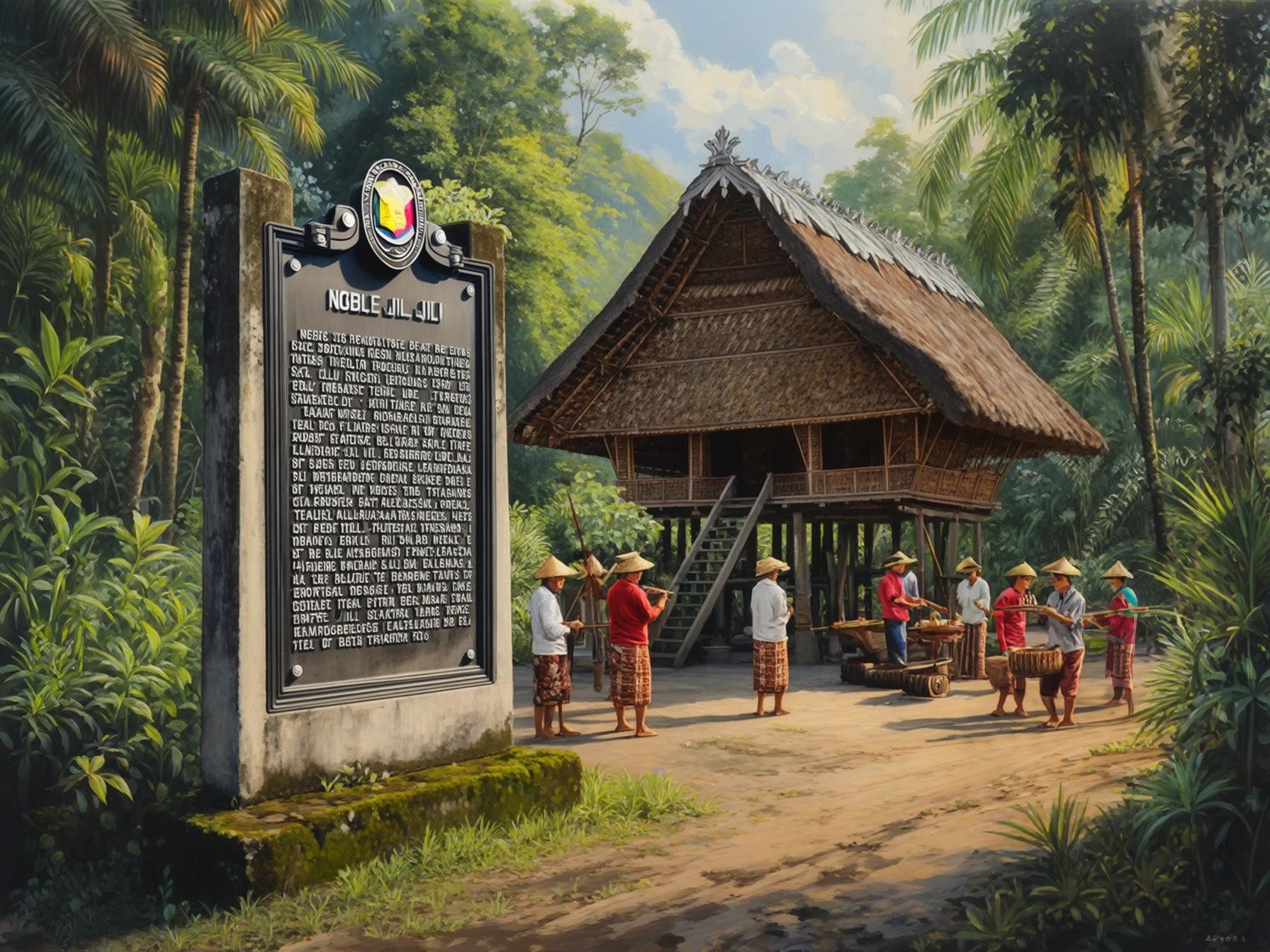 Traditional village scene with a stilt house, villagers in hats, a plaque, tropical forest setting, cultural heritage.