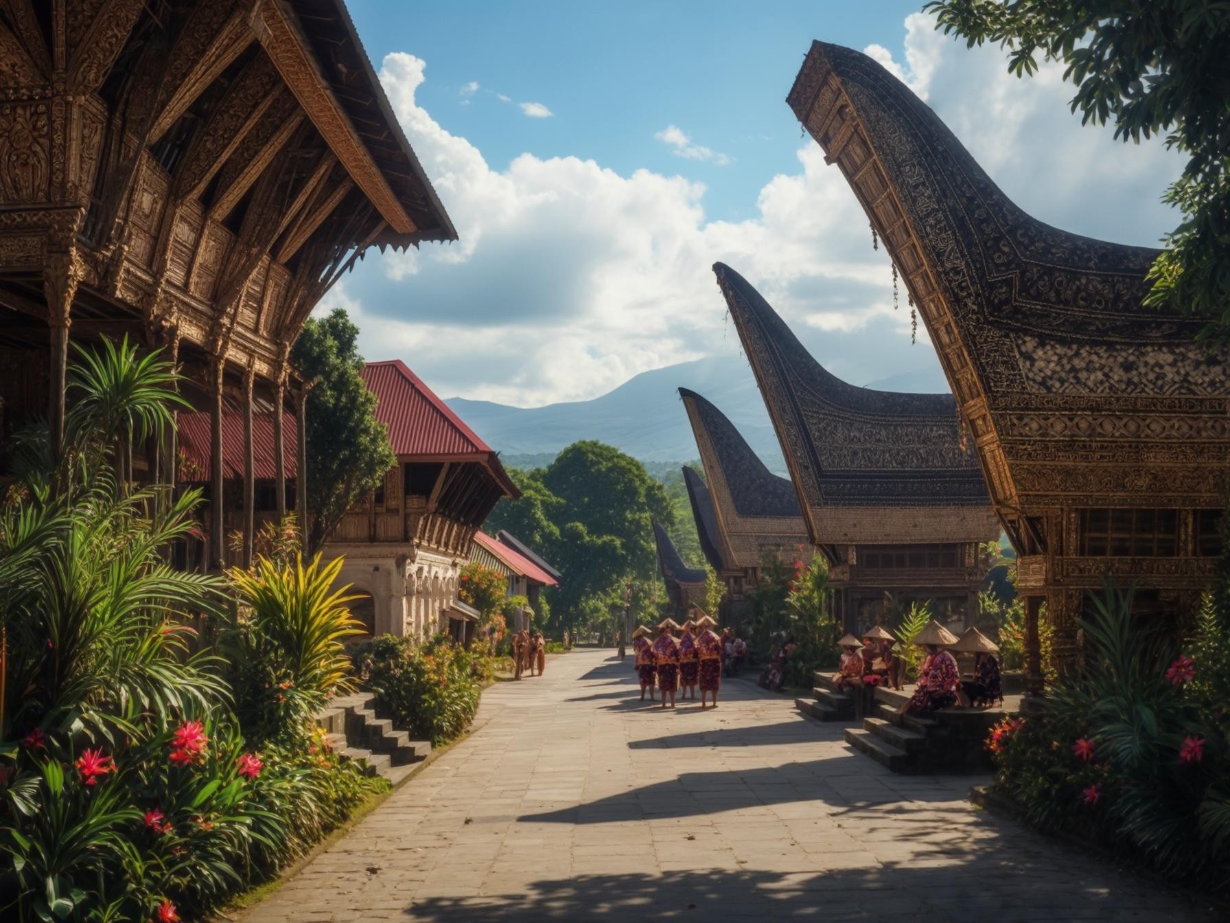 Traditional Tongkonan houses in Tana Toraja, Indonesia, with intricate carvings, lush greenery, and local culture under a stunning mountain view.