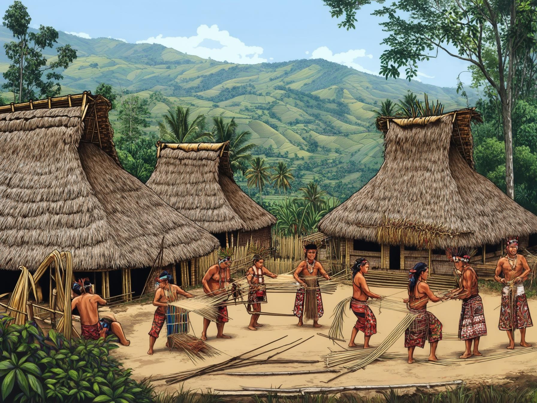 Traditional village scene with woven bamboo houses, people engaging in handicrafts, surrounded by lush green mountains and tropical trees.