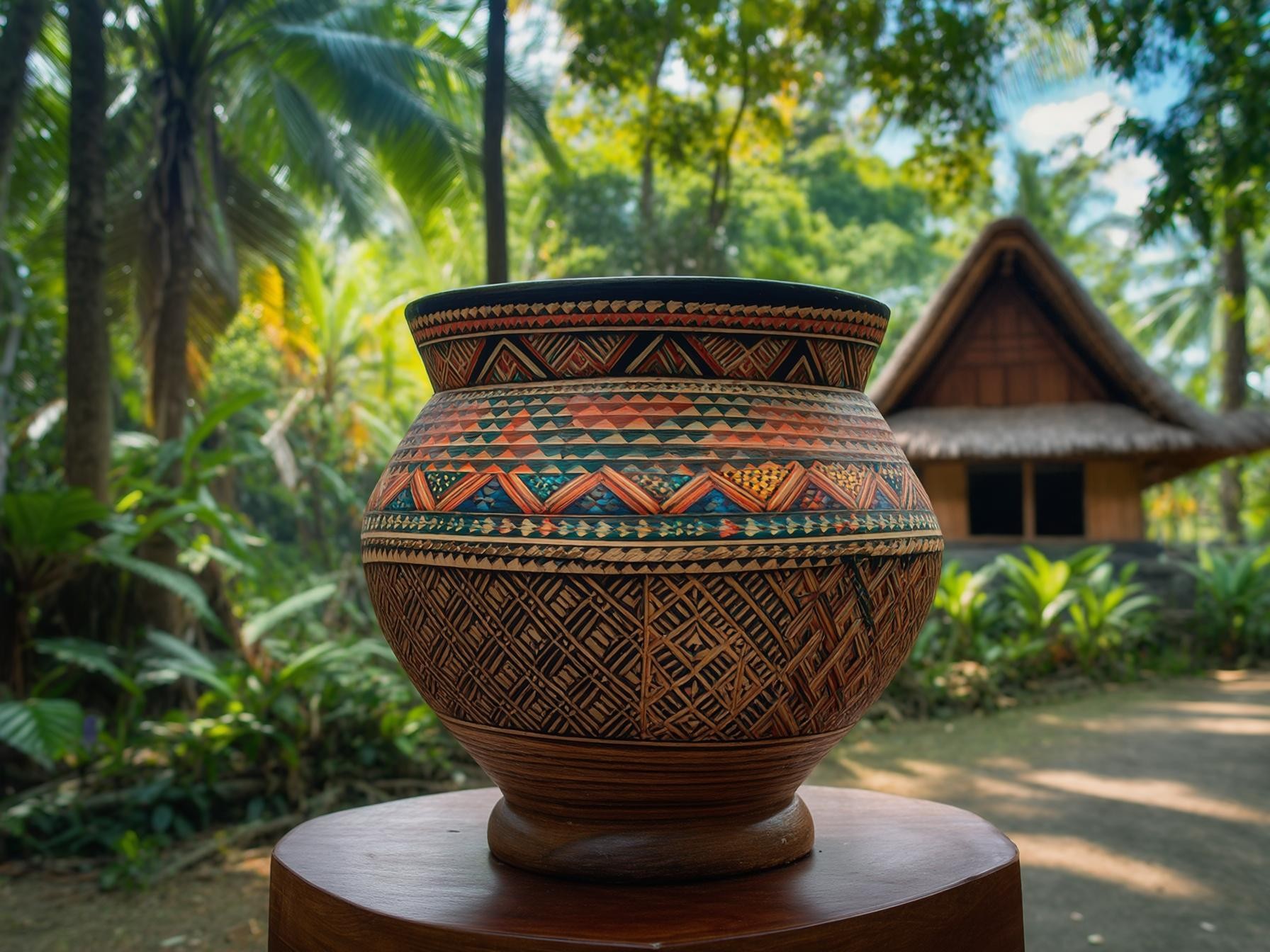 Decorative handcrafted clay pot with tribal patterns, set outdoors near lush greenery and a traditional hut in a tropical setting.