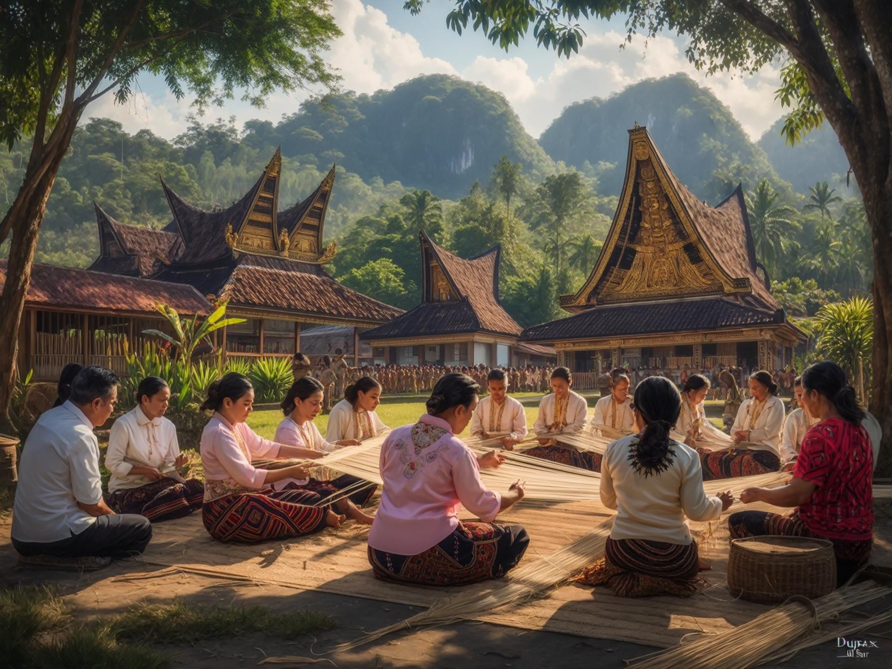 Group of people weaving in traditional attire with unique architecture and lush mountains in the background.