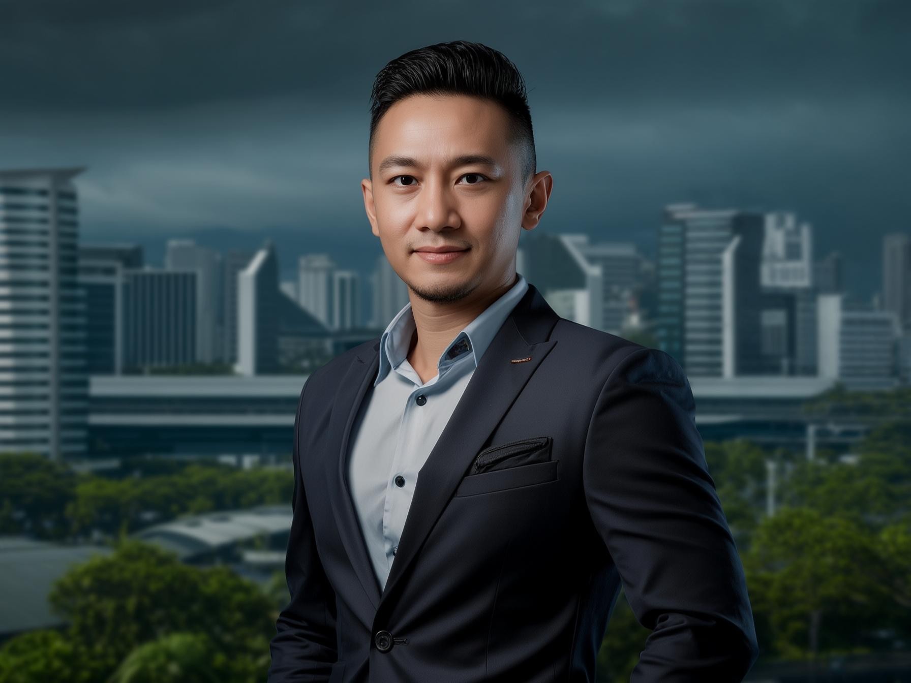 A man in a business suit stands confidently with a cityscape featuring modern high-rise buildings and green trees in the background.