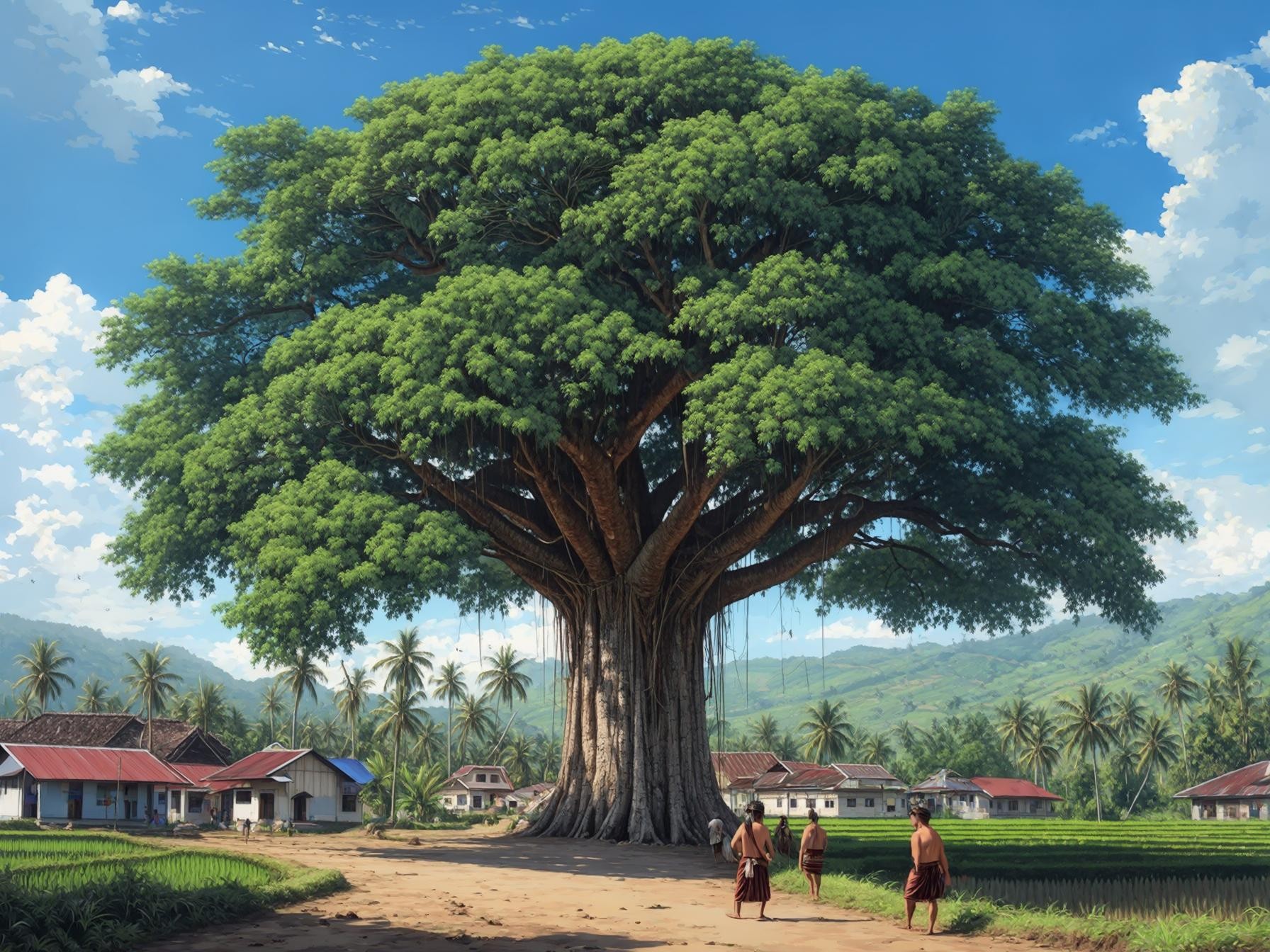 Majestic tree in a village with rural houses and palm trees, showcasing lush greenery under a vibrant blue sky.