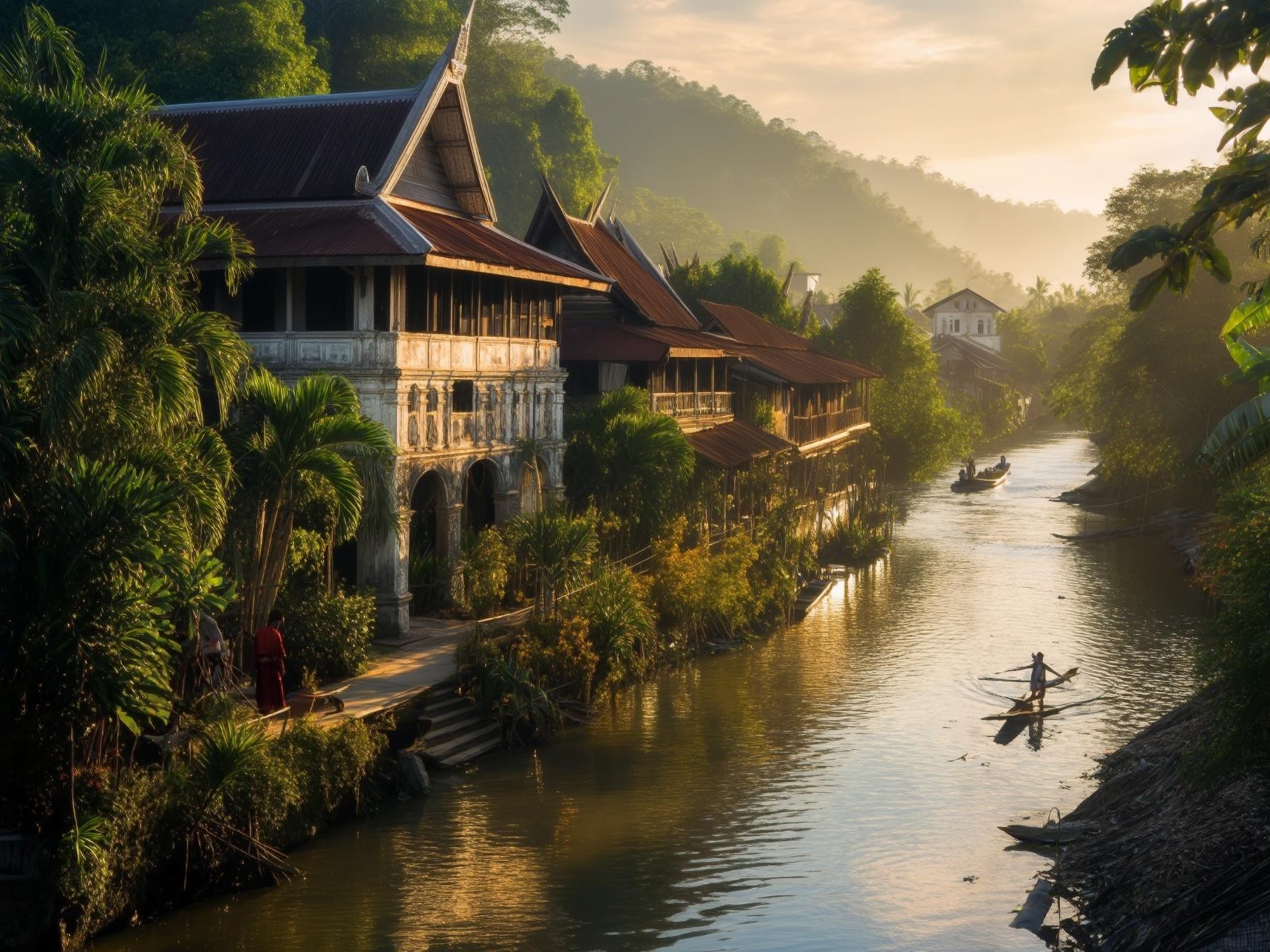 Traditional Thai architecture along a serene river at sunset with a boat gliding through the water.