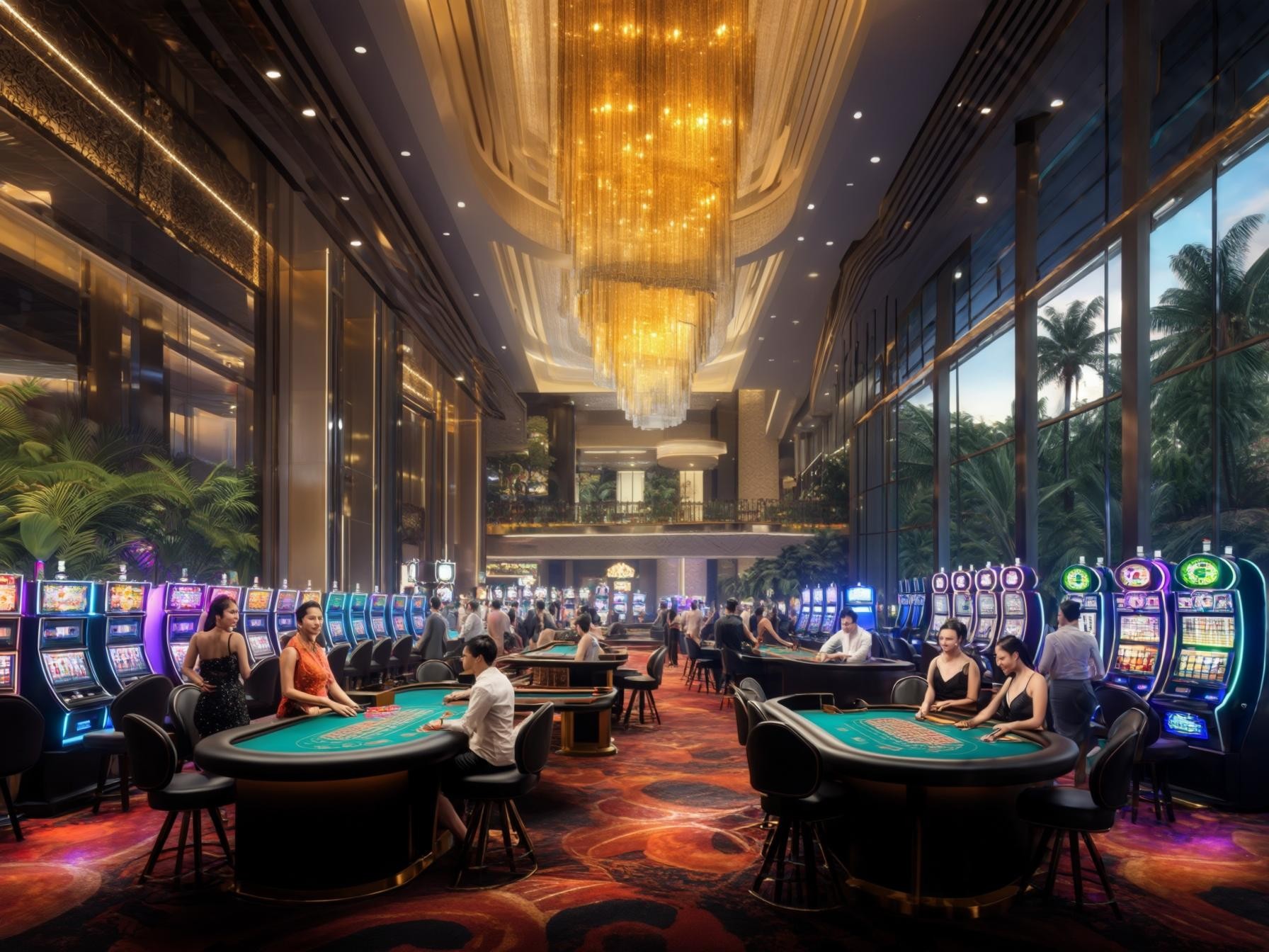 Luxurious casino interior with slot machines, gaming tables, and a grand chandelier in an opulent setting.