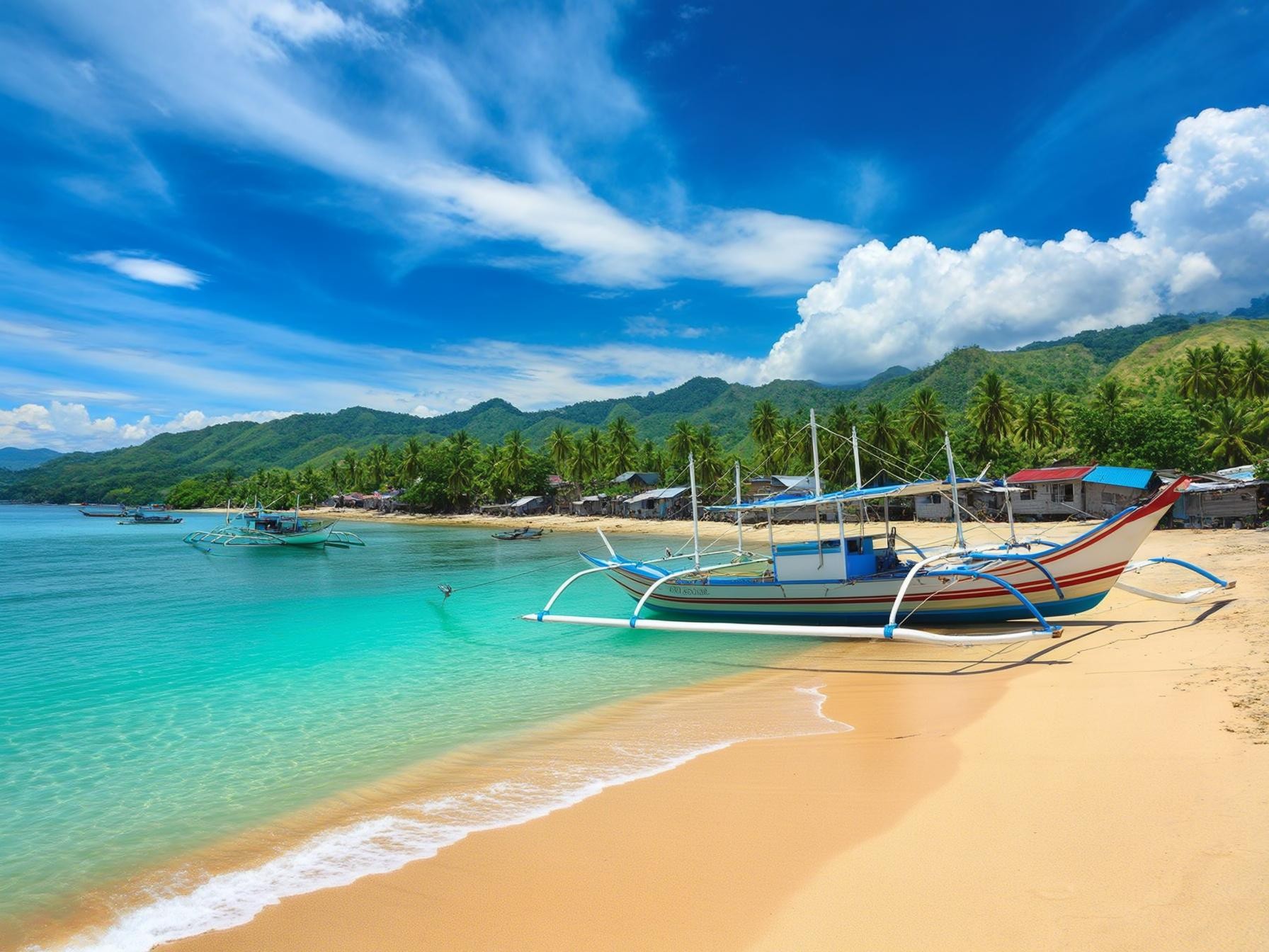 Traditional boats on tropical beach with clear turquoise water and lush palm trees under a bright blue sky in the Philippines.