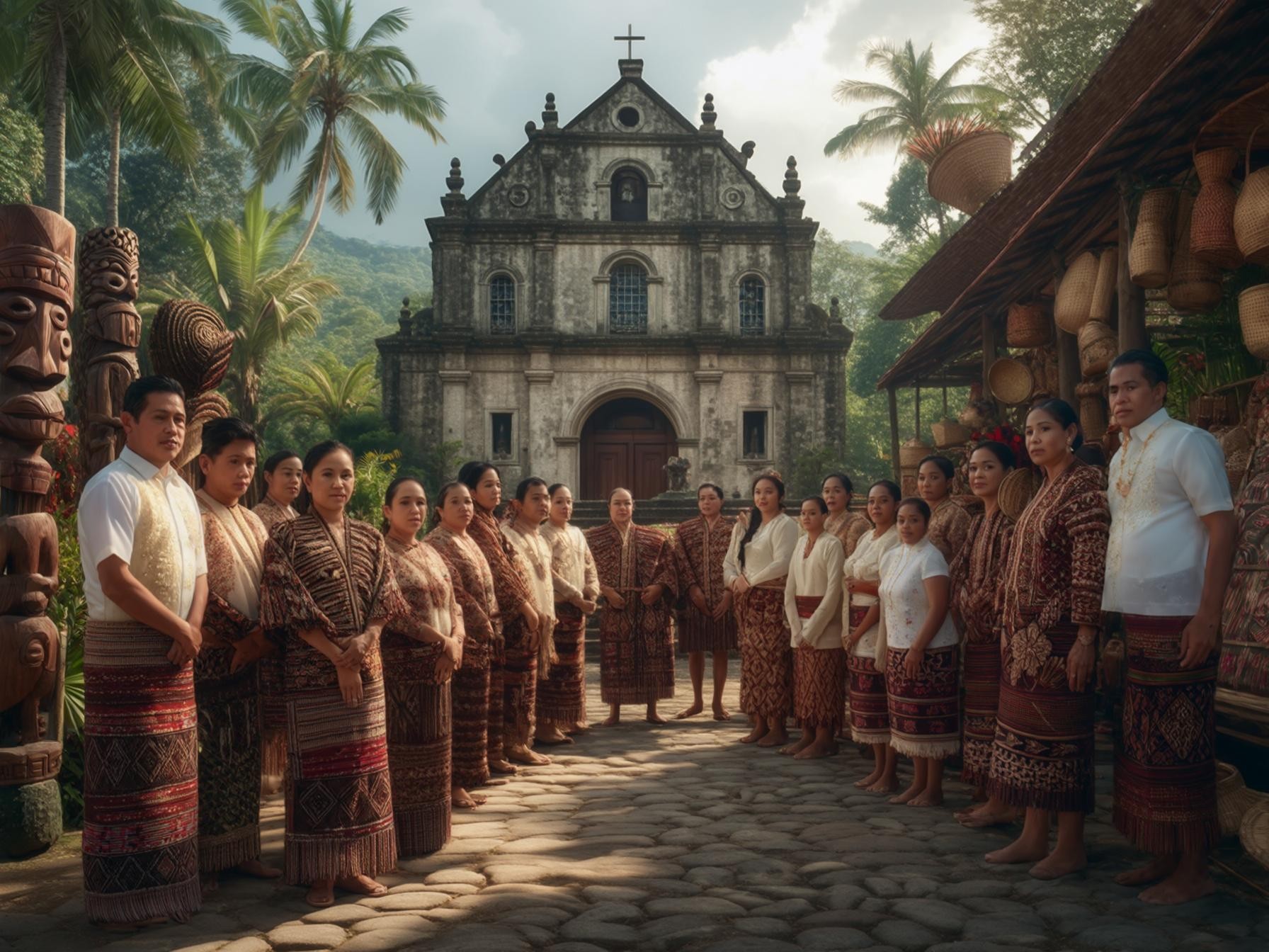 Traditional clothing ceremony in front of a historic church with tribal carvings and palm trees in a tropical setting.