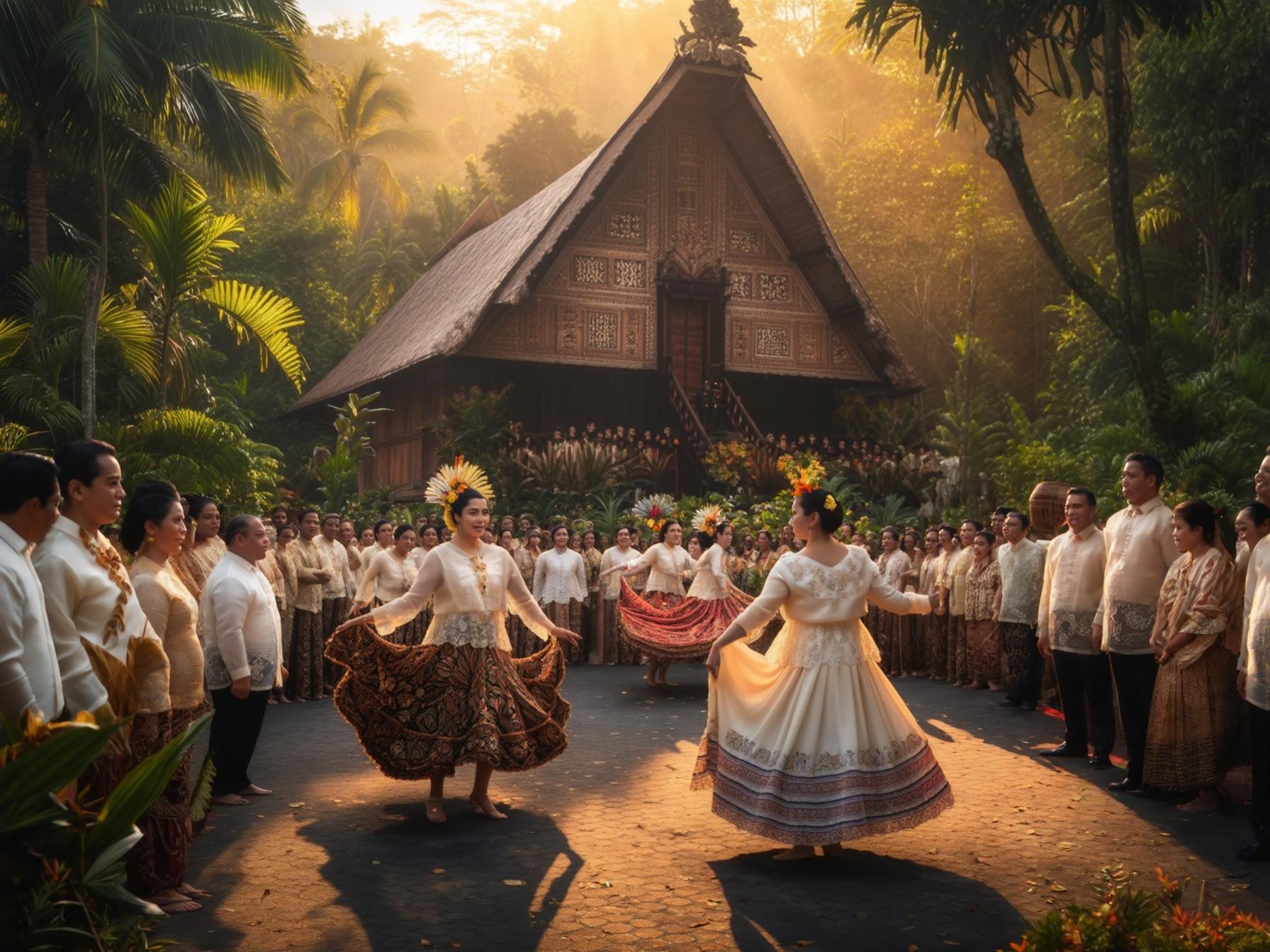 Traditional cultural dance performance at a festive gathering, featuring ornate costumes and a wooden house in a lush tropical setting.