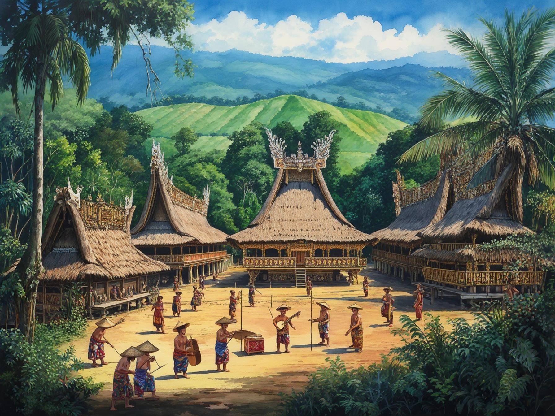 Traditional Indonesian village with people in cultural attire dancing, surrounded by lush mountains and tropical trees.