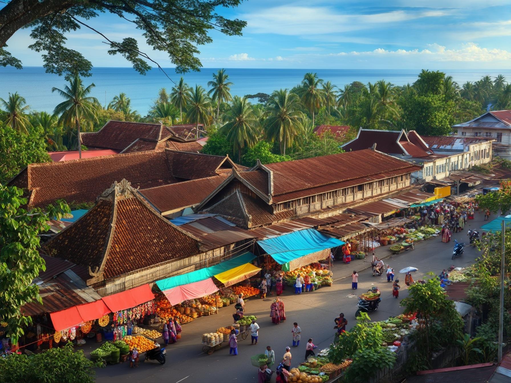 A vibrant traditional market scene with colorful stalls, bustling with people, surrounded by tropical palm trees, near a serene seaside.